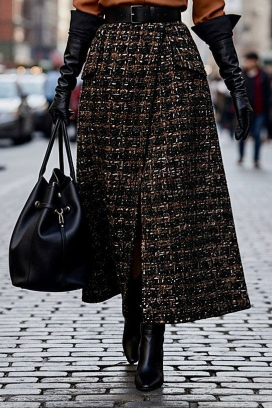 Chelsea Skirt in Terra Bouclé. Textured A-line couture skirt blending structure and autumn elegance for powerful city style.