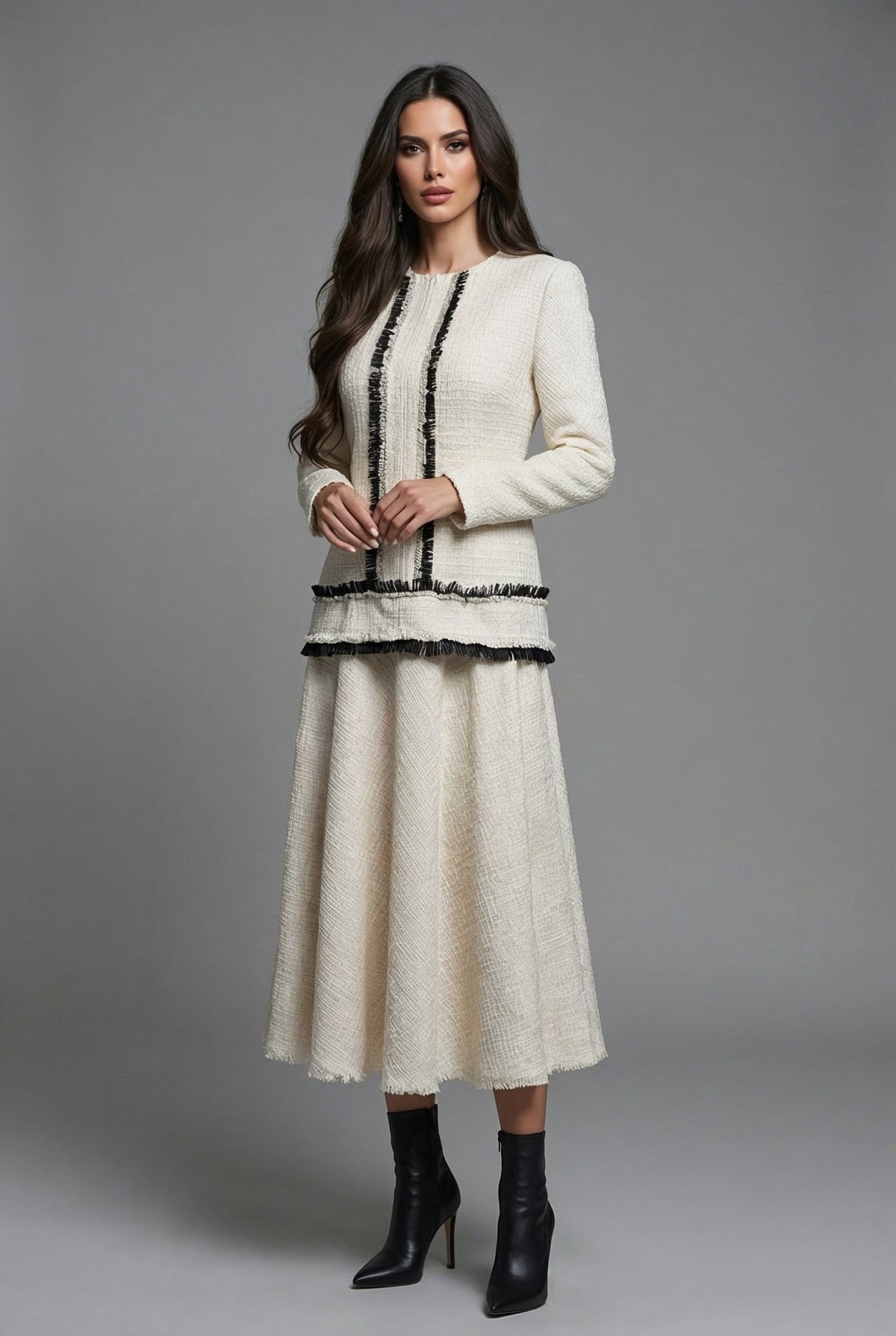Ariadne - Ivory Textured Dress with Contrast Trim - SIMOVSKA