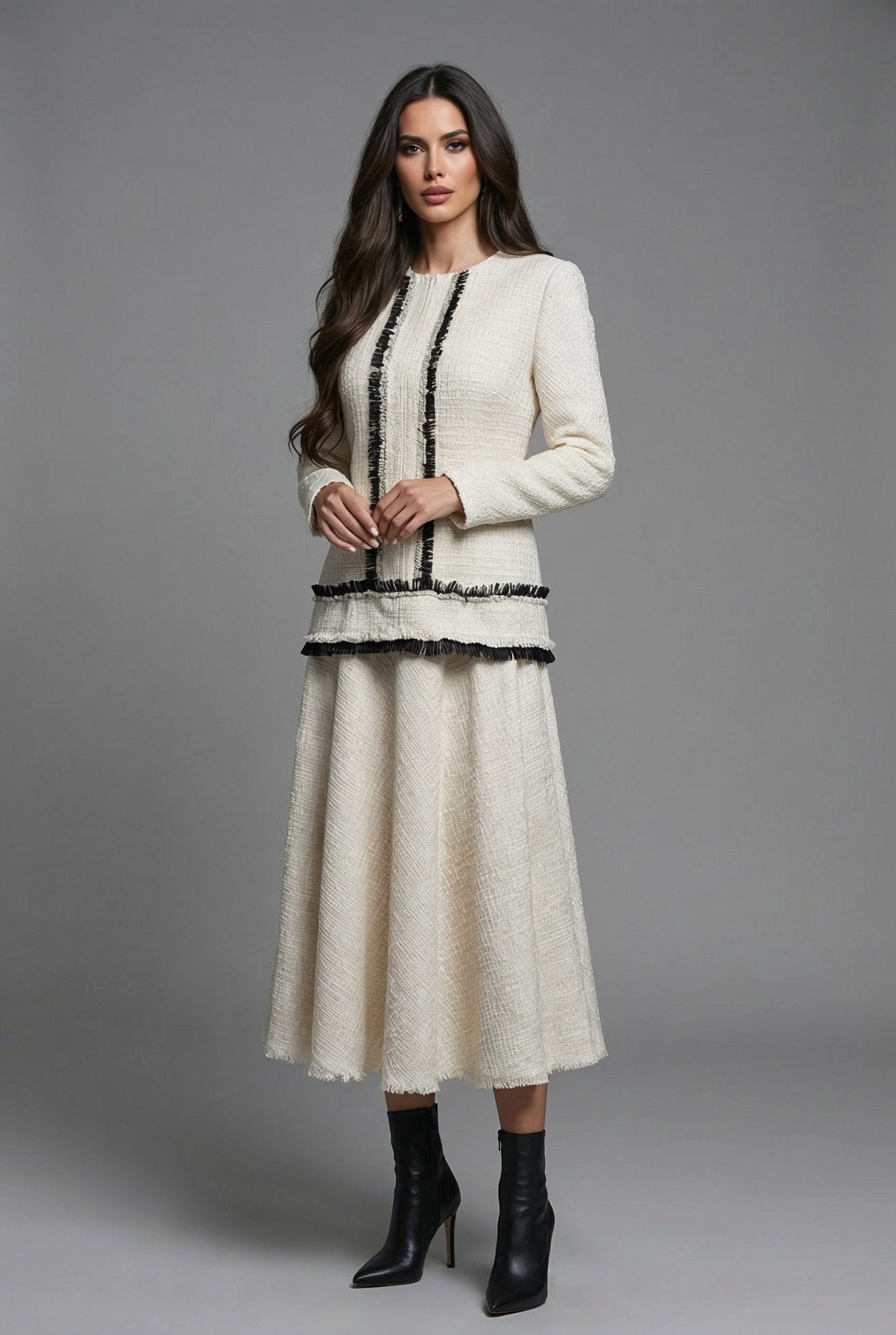 Ariadne - Ivory Textured Dress with Contrast Trim - SIMOVSKA