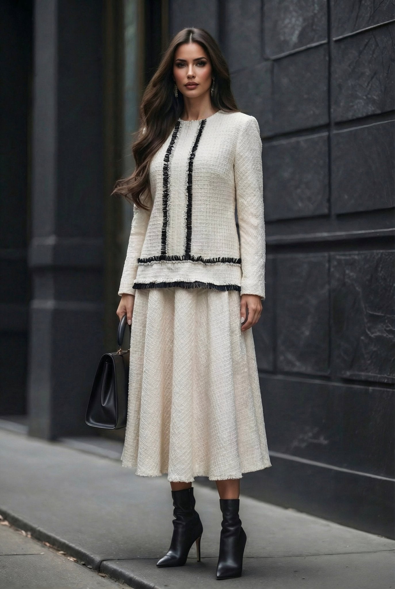 Ariadne - Ivory Textured Dress with Contrast Trim - SIMOVSKA