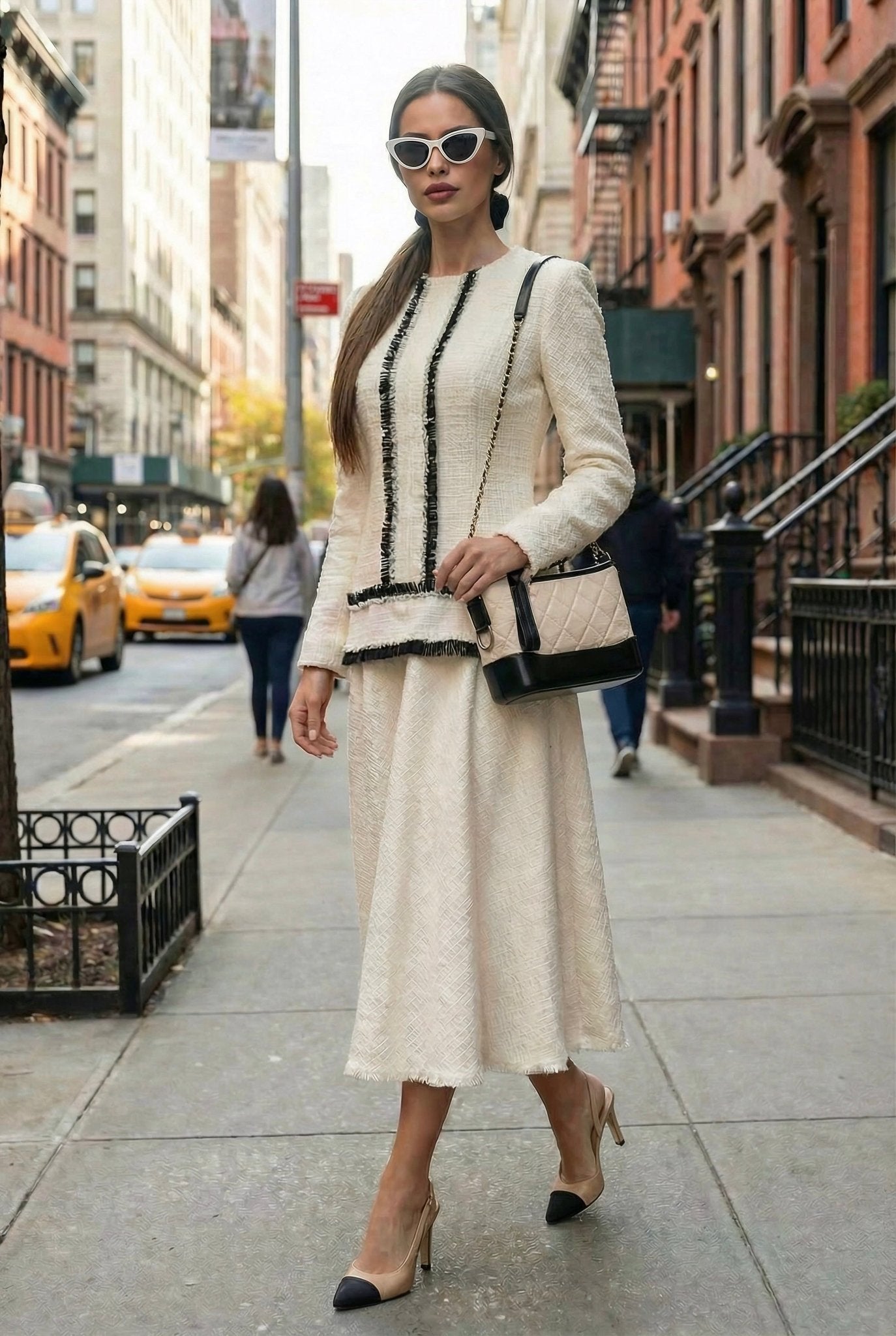 Ariadne - Ivory Textured Dress with Contrast Trim - SIMOVSKA