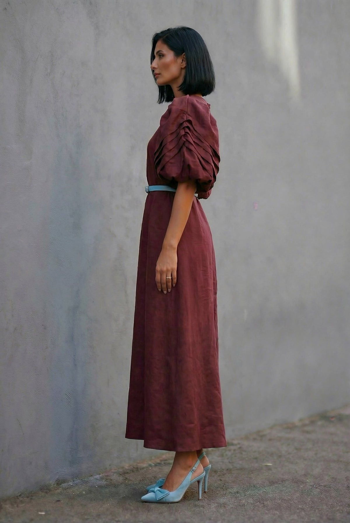 chinese dress ladies Burgundy Linen Scallop Trim Midi Dress  Mint Velvet