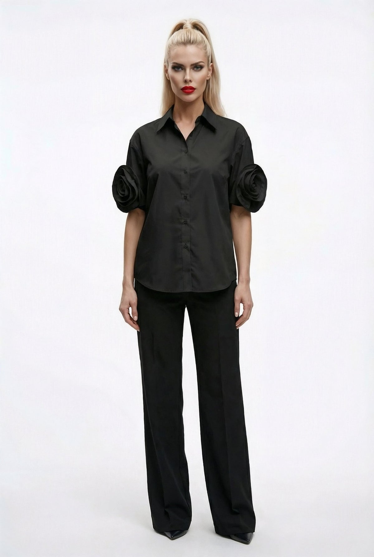 Camilla shirt : statement rose - sleeve shirt in black - SIMOVSKA
