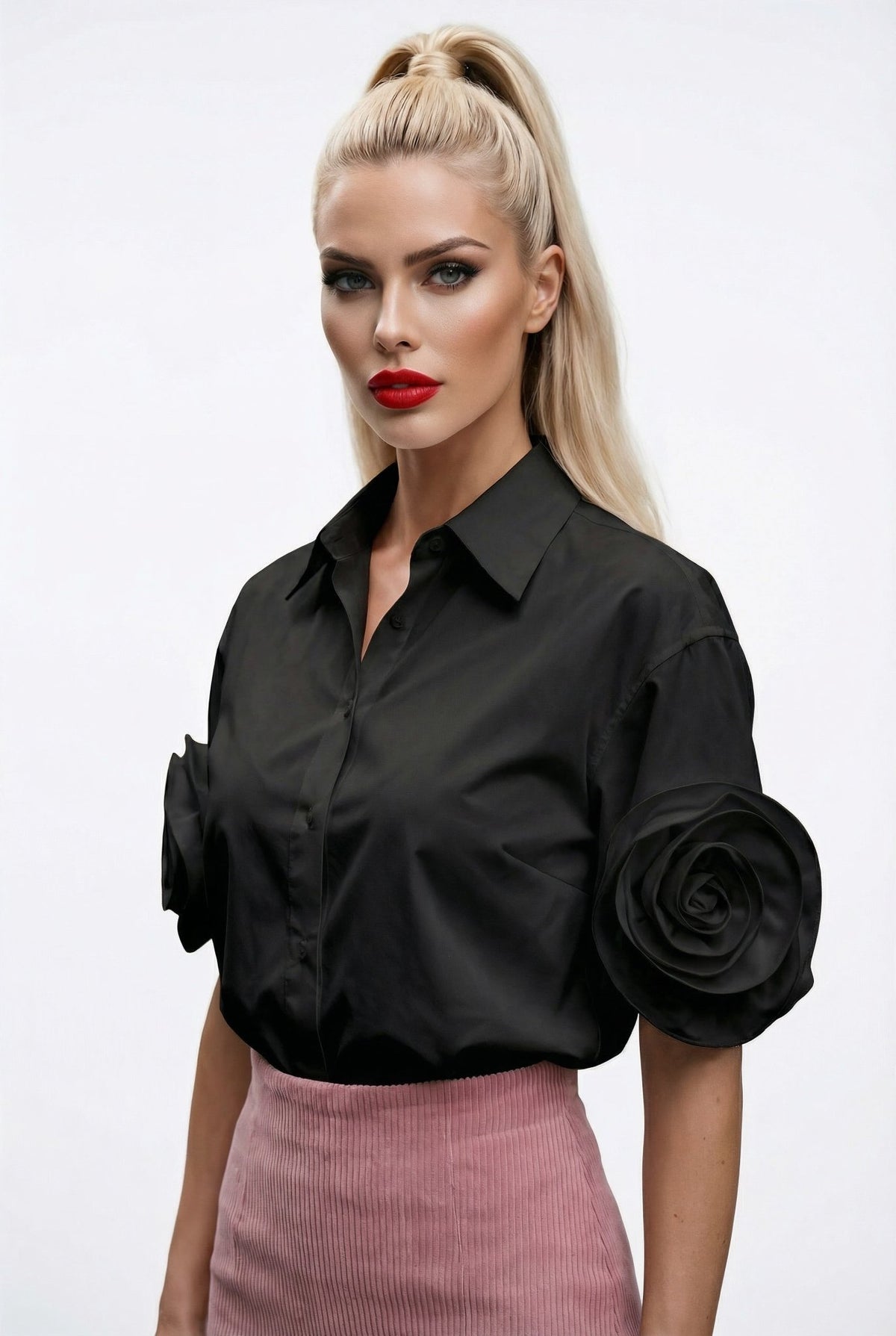 Camilla shirt : statement rose - sleeve shirt in black - SIMOVSKA