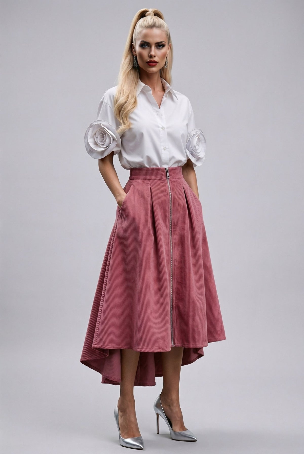 Camilla shirt : statement rose - sleeve shirt in white - SIMOVSKA