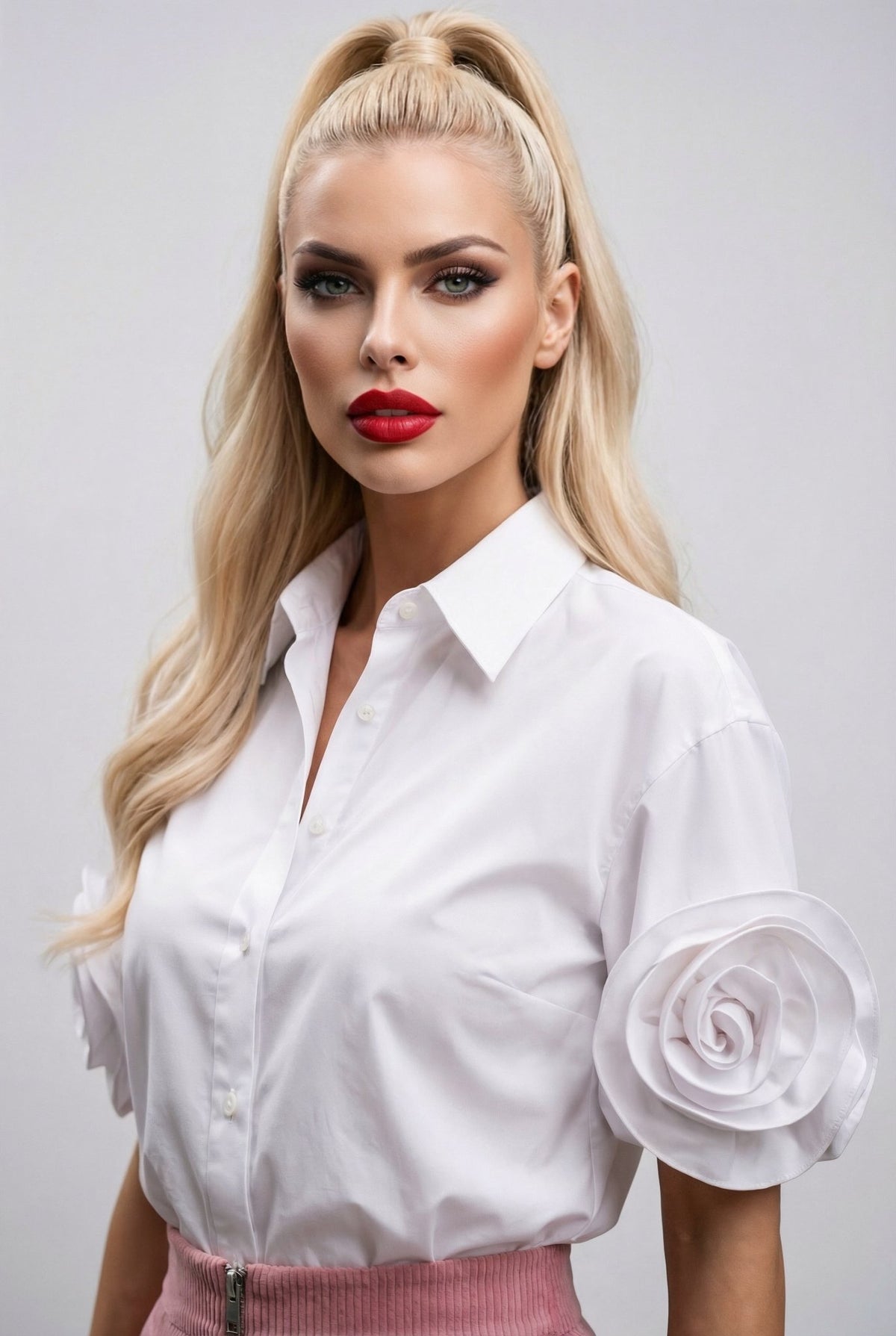 Camilla shirt : statement rose - sleeve shirt in white - SIMOVSKA