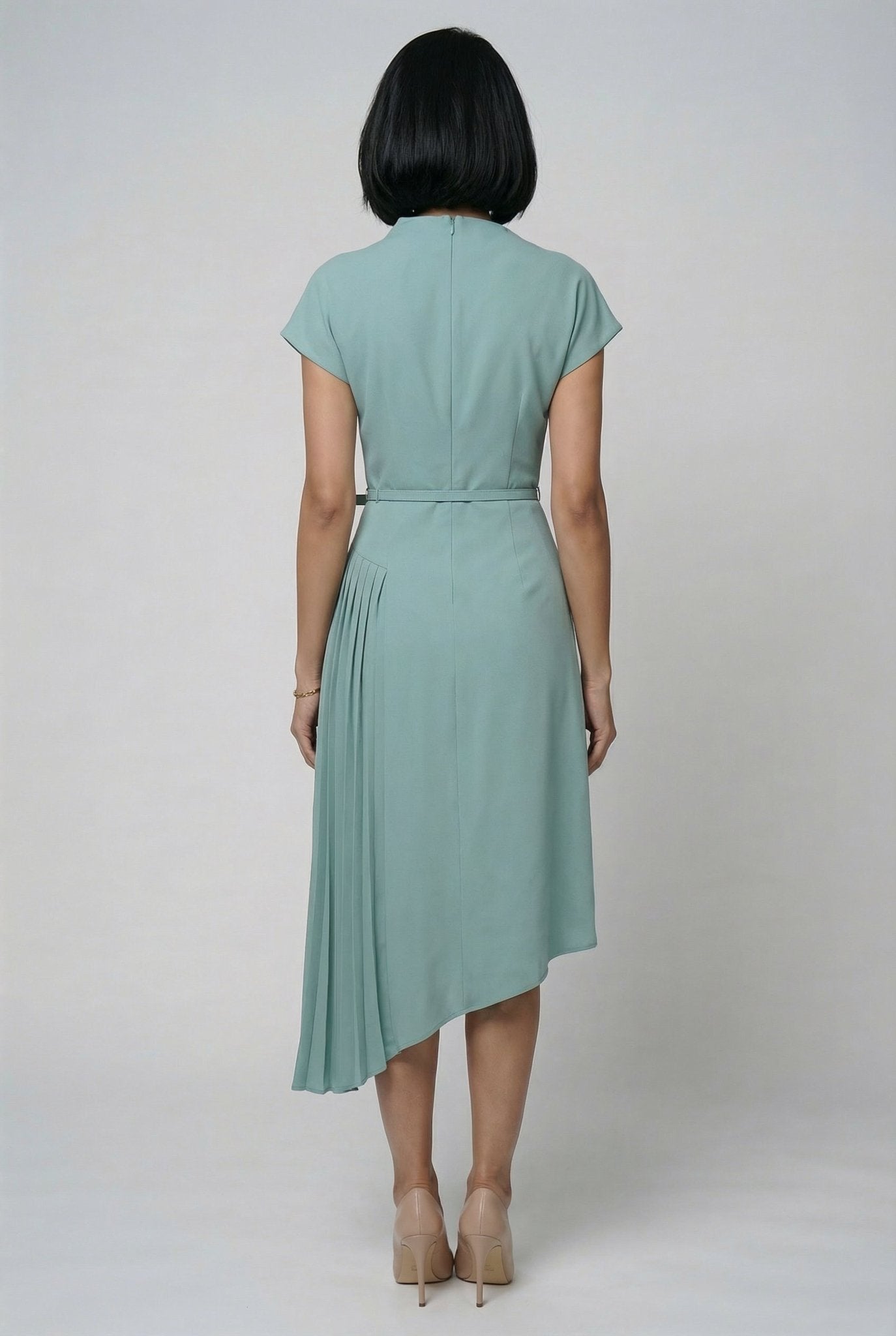 Carmen Dress: Crepe Viscose Asymmetric Pleated Dress in Acqua green - SIMOVSKA