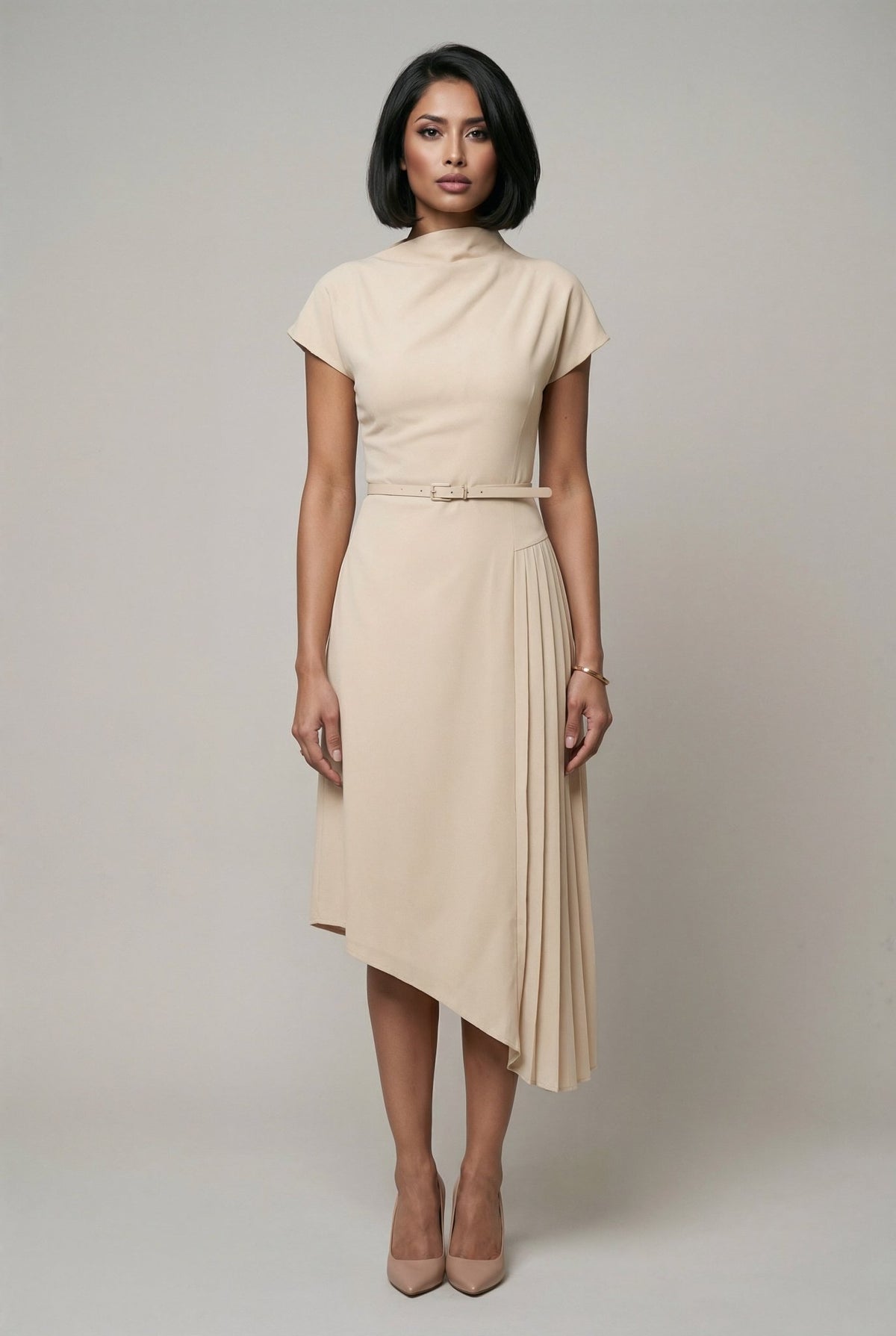 Carmen Dress: Viscose Asymmetric Pleated Dress in off White M