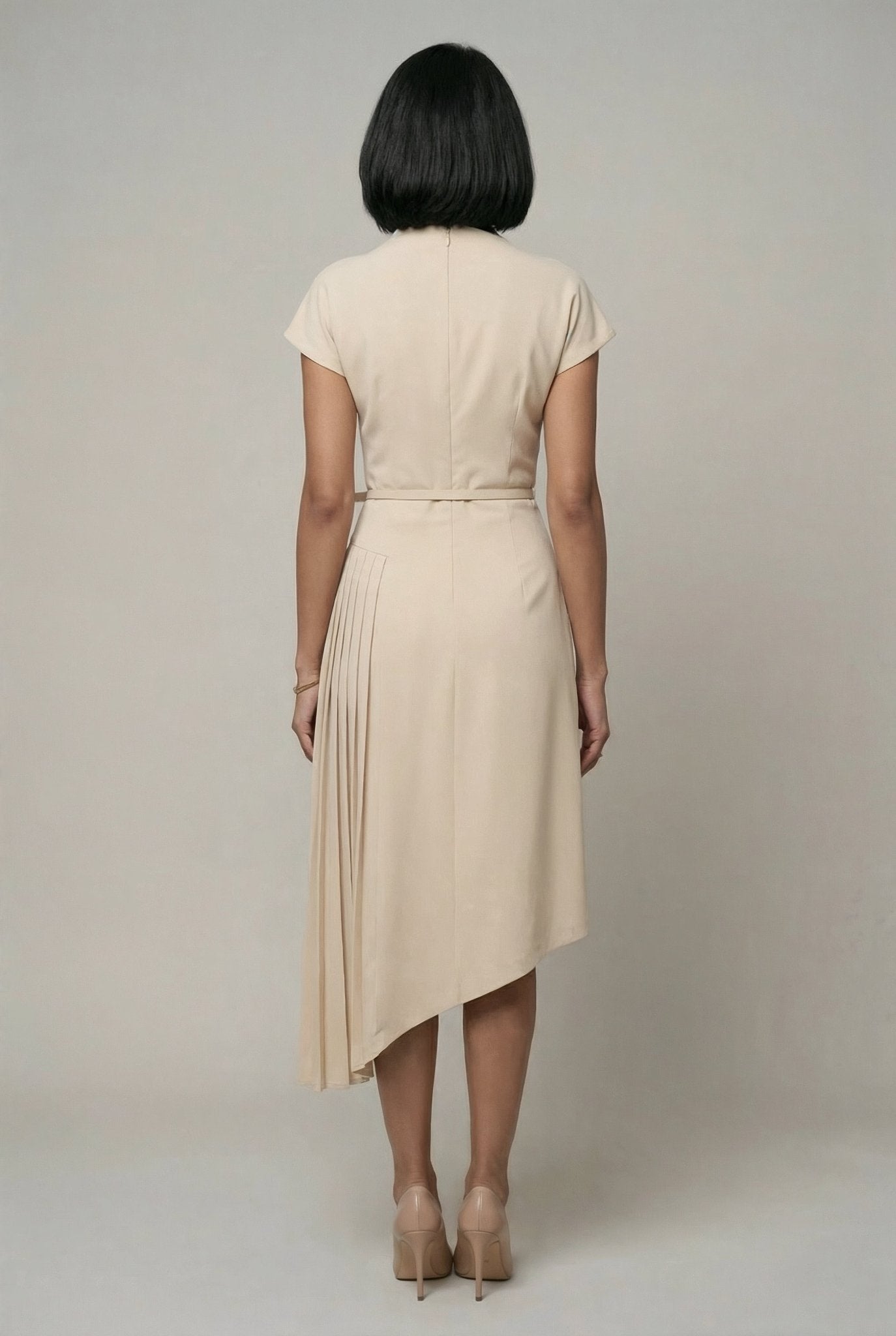 Carmen Dress: Viscose Asymmetric Pleated Dress in off White - SIMOVSKA