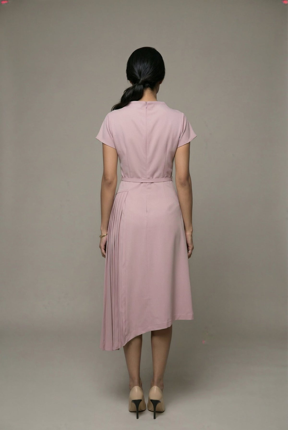 Carmen Dress: Viscose Asymmetric Pleated Dress in Vintage Pink  SIMOVSKA