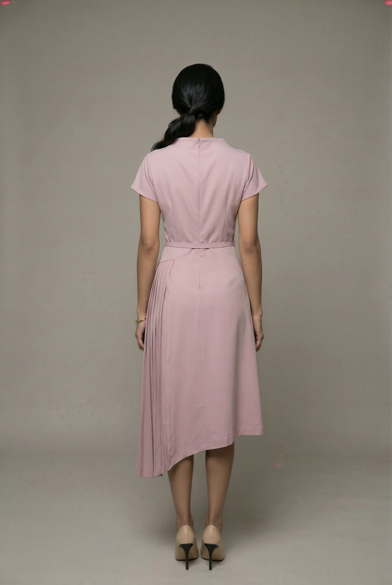 Carmen Dress: Viscose Asymmetric Pleated Dress in Vintage Pink - SIMOVSKA