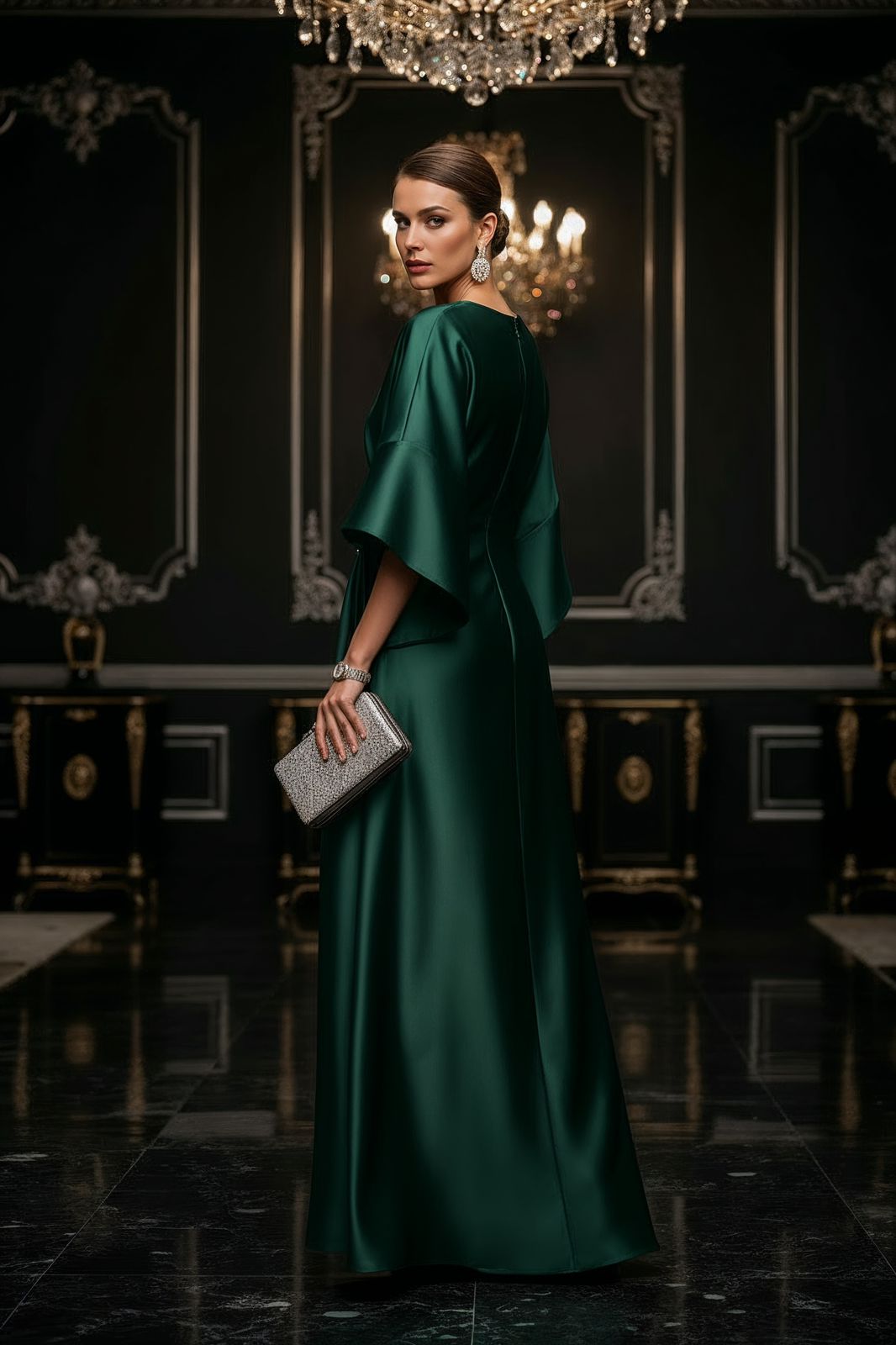 Dama Dress Emerald – Satin Enchantress with Crystal Grace – SIMOVSKA
