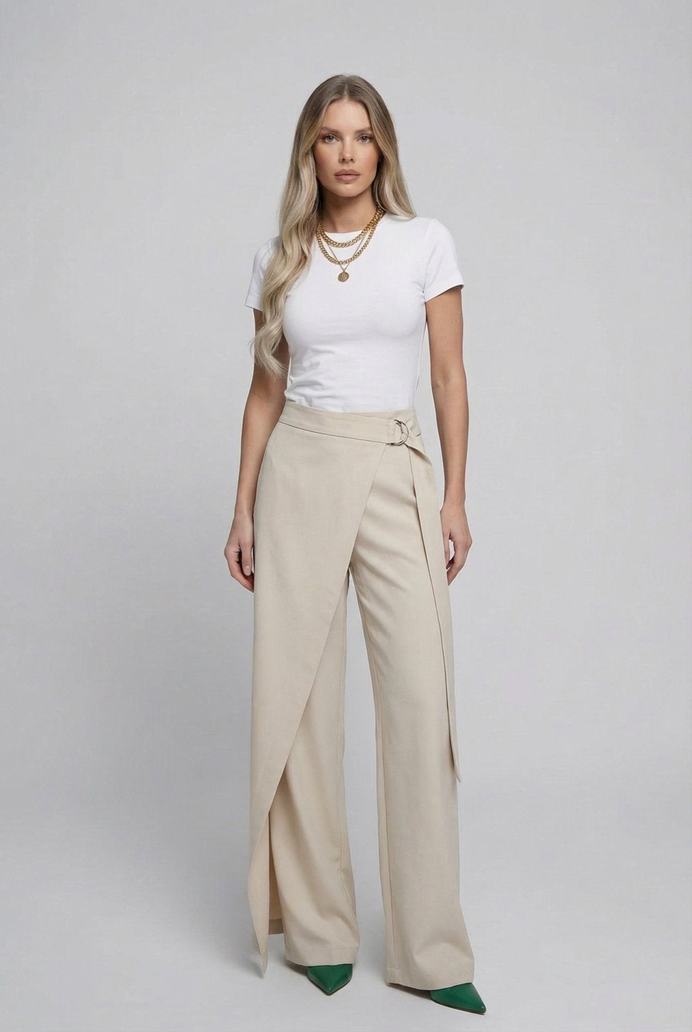 Elara Wrap Pants: lightweight viscose twill wrap - front wide - leg trousers in Sand - SIMOVSKA