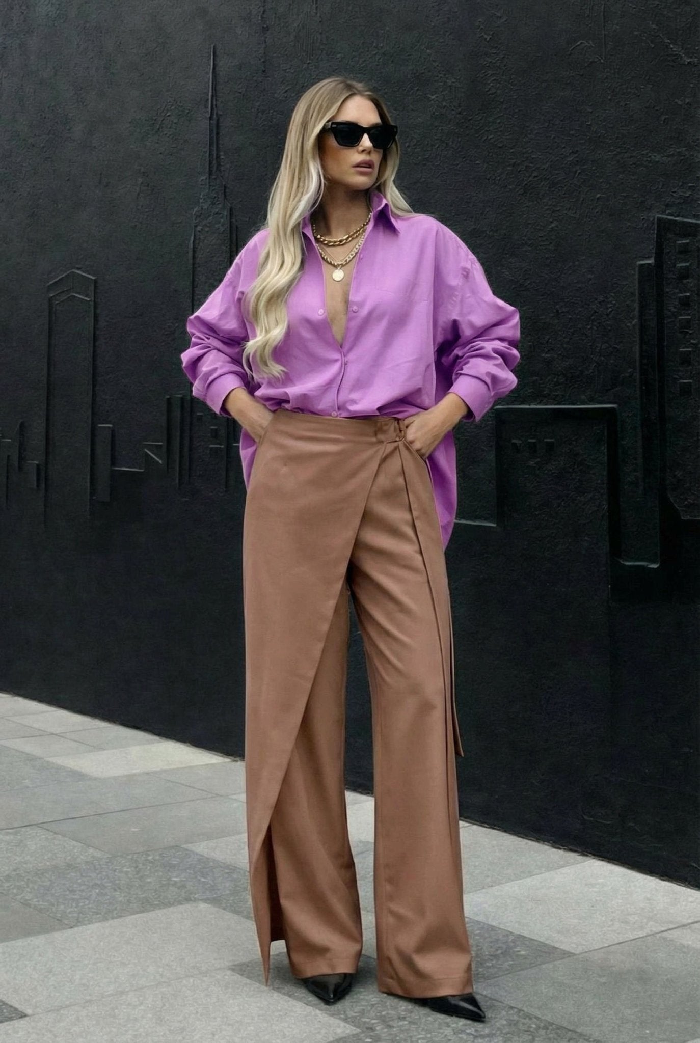 Elara Wrap Pants: lightweight viscose twill wrap - front wide - leg trousers in Tobacco - SIMOVSKA