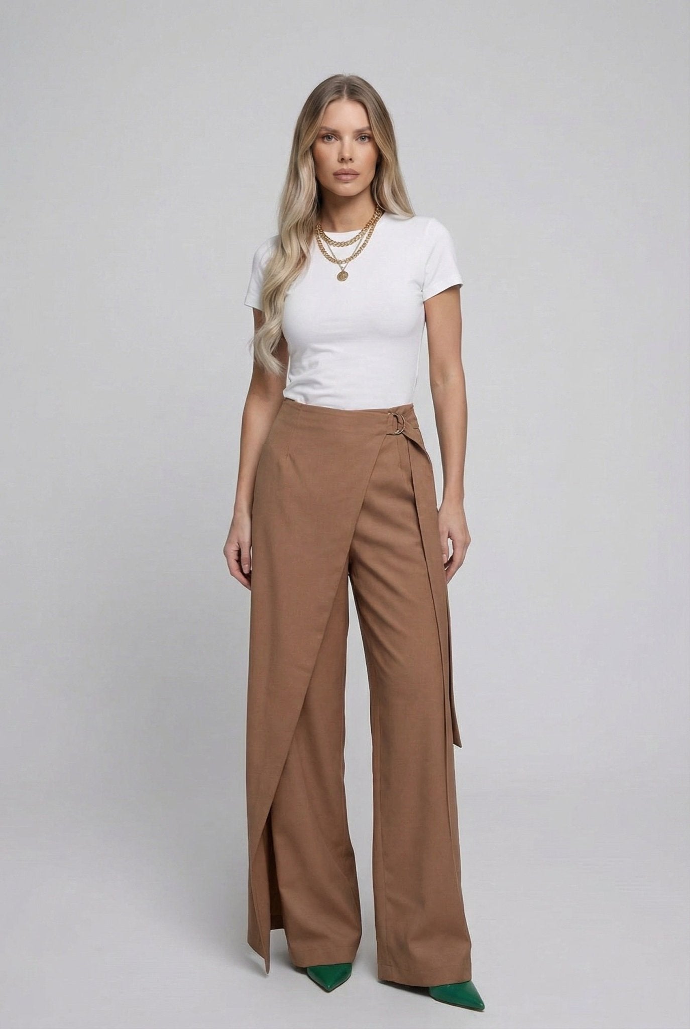 Elara Wrap Pants: lightweight viscose twill wrap - front wide - leg trousers in Tobacco - SIMOVSKA