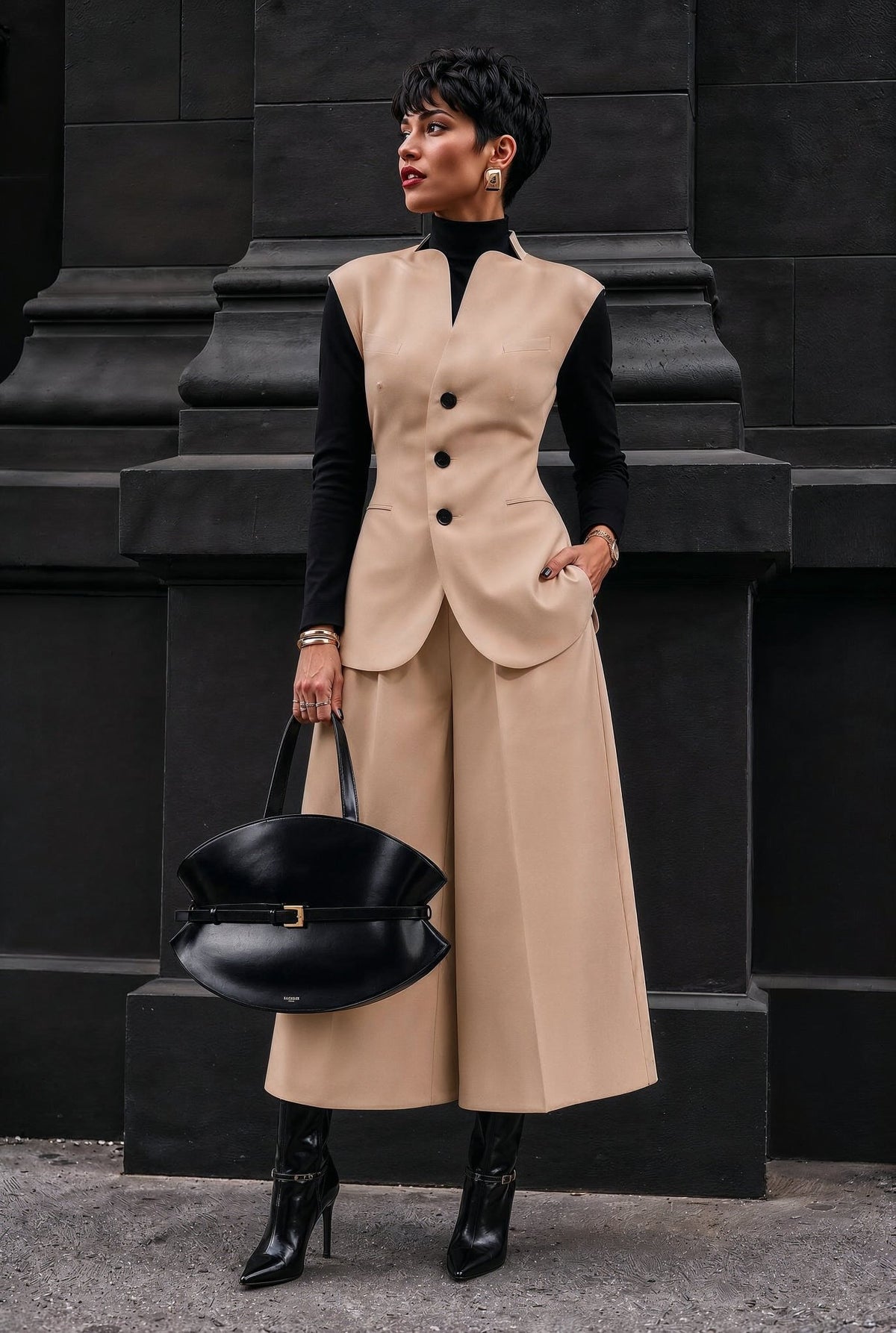 Giulia set : cotton & elastic Punto di Milano set with caped sleeves in beige - SIMOVSKA