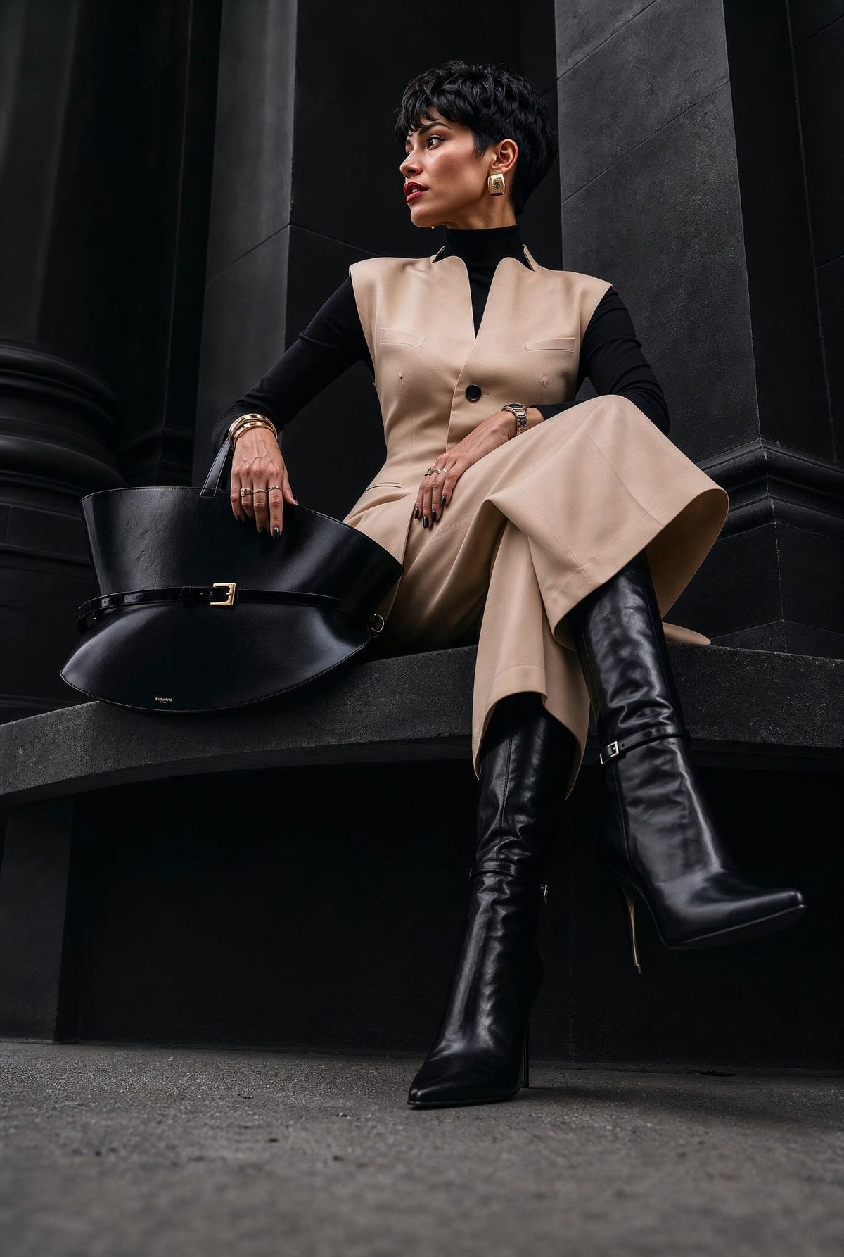 Giulia set : cotton & elastic Punto di Milano set with caped sleeves in beige - SIMOVSKA