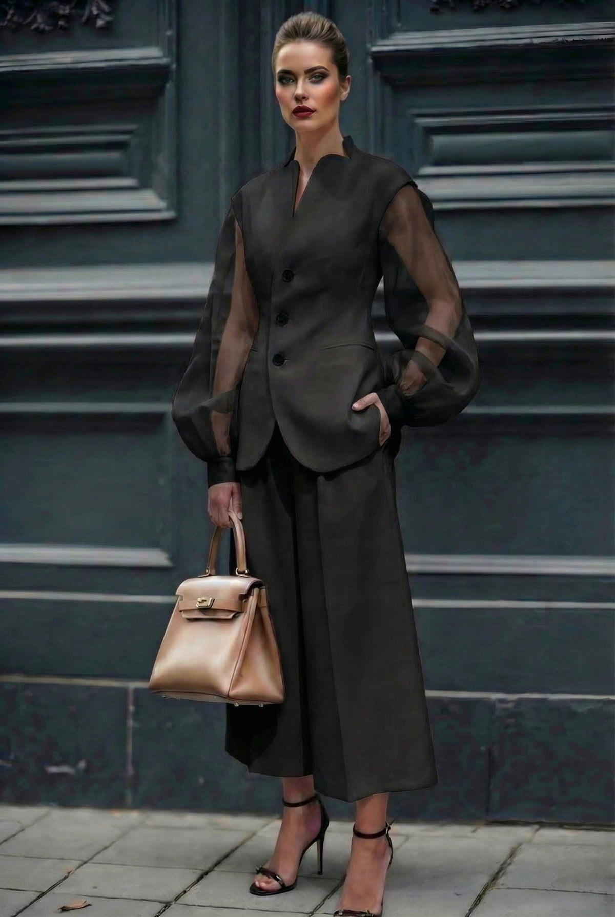Giulia set : cotton & elastic Punto di Milano set with caped sleeves in black - SIMOVSKA