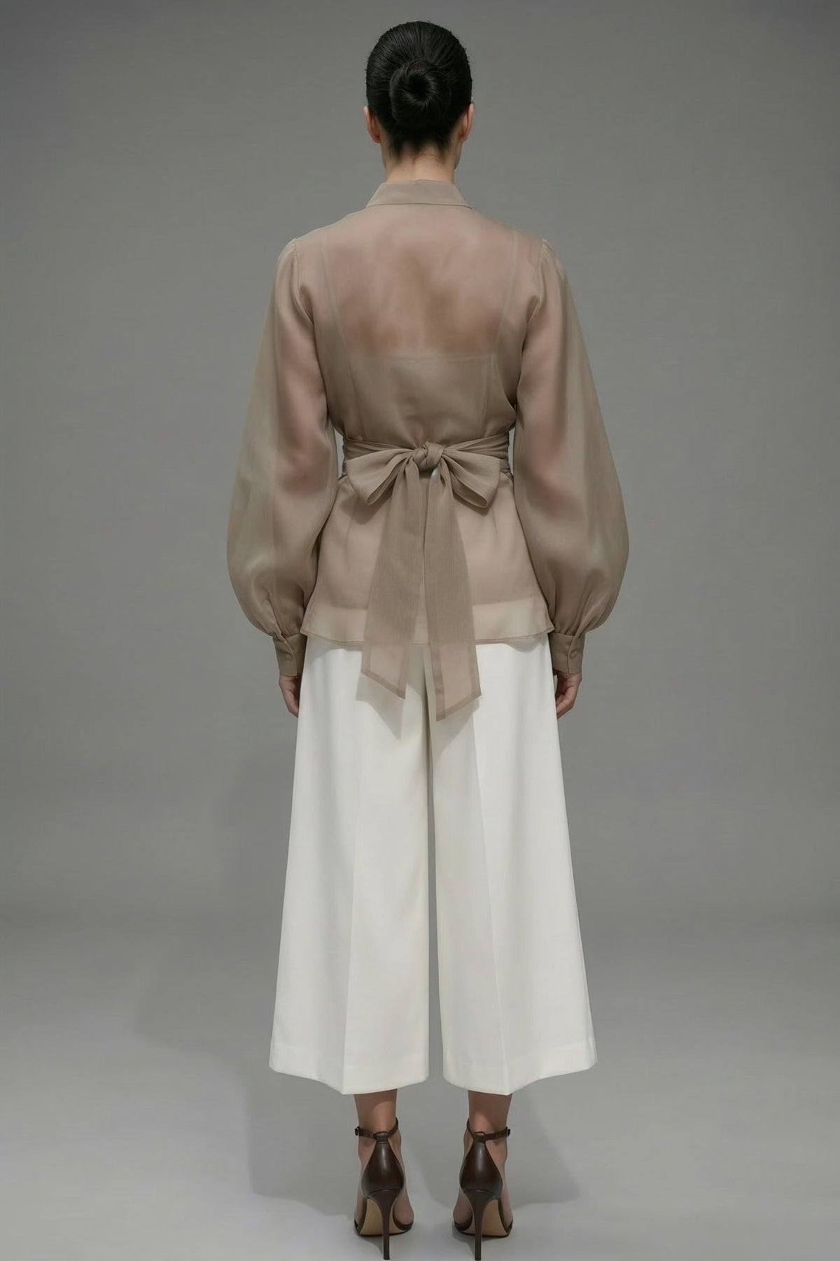 Isadora shirt : sheer organza wrap blouse in taupe - SIMOVSKA
