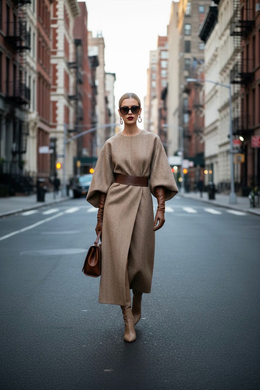 Madam Dress – Sandstone Herringbone - SIMOVSKA