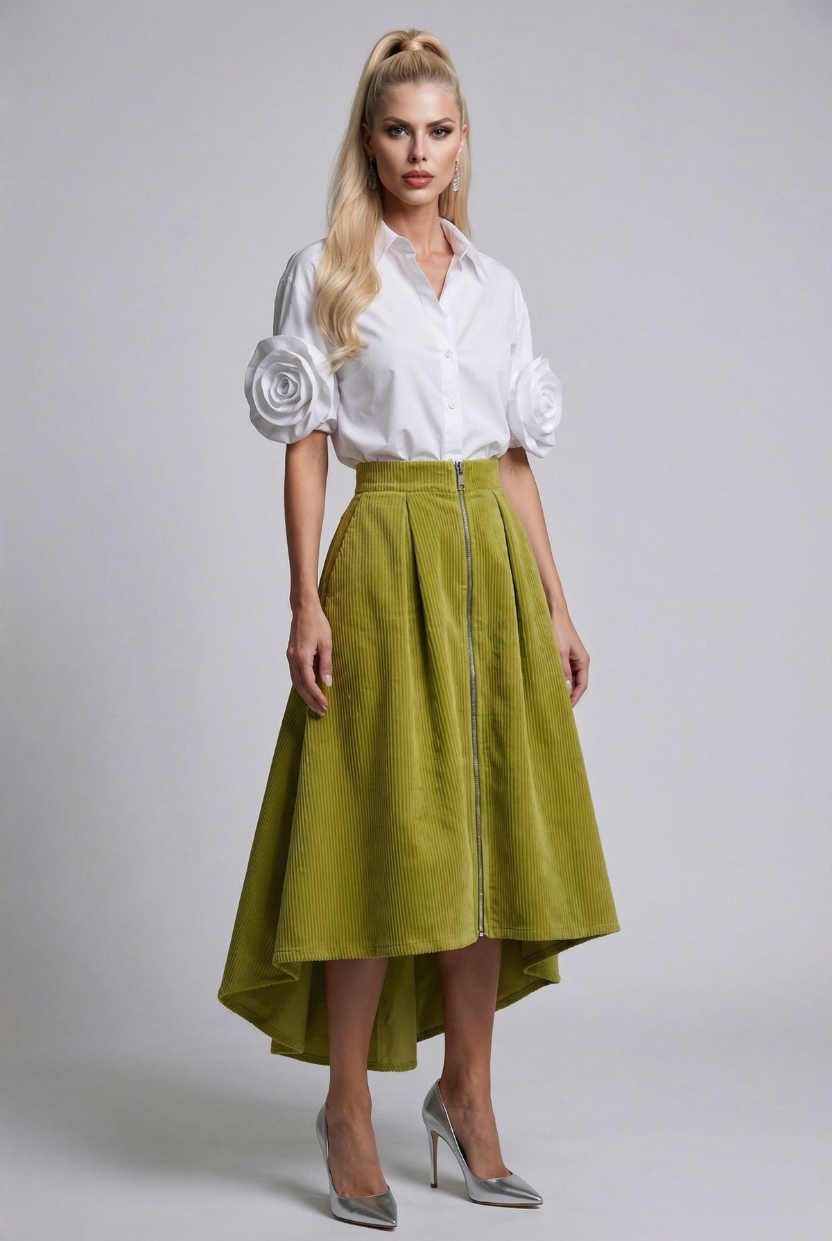 Mila skirt : cotton - stretch corduroy asymmetric midi skirt with front zipper in bright olive green - SIMOVSKA