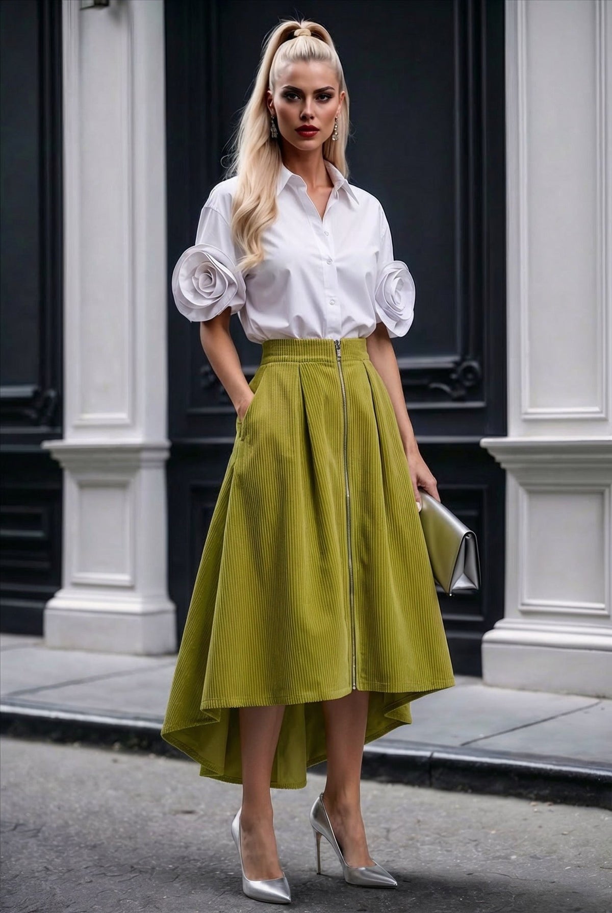 Mila skirt : cotton - stretch corduroy asymmetric midi skirt with front zipper in bright olive green - SIMOVSKA