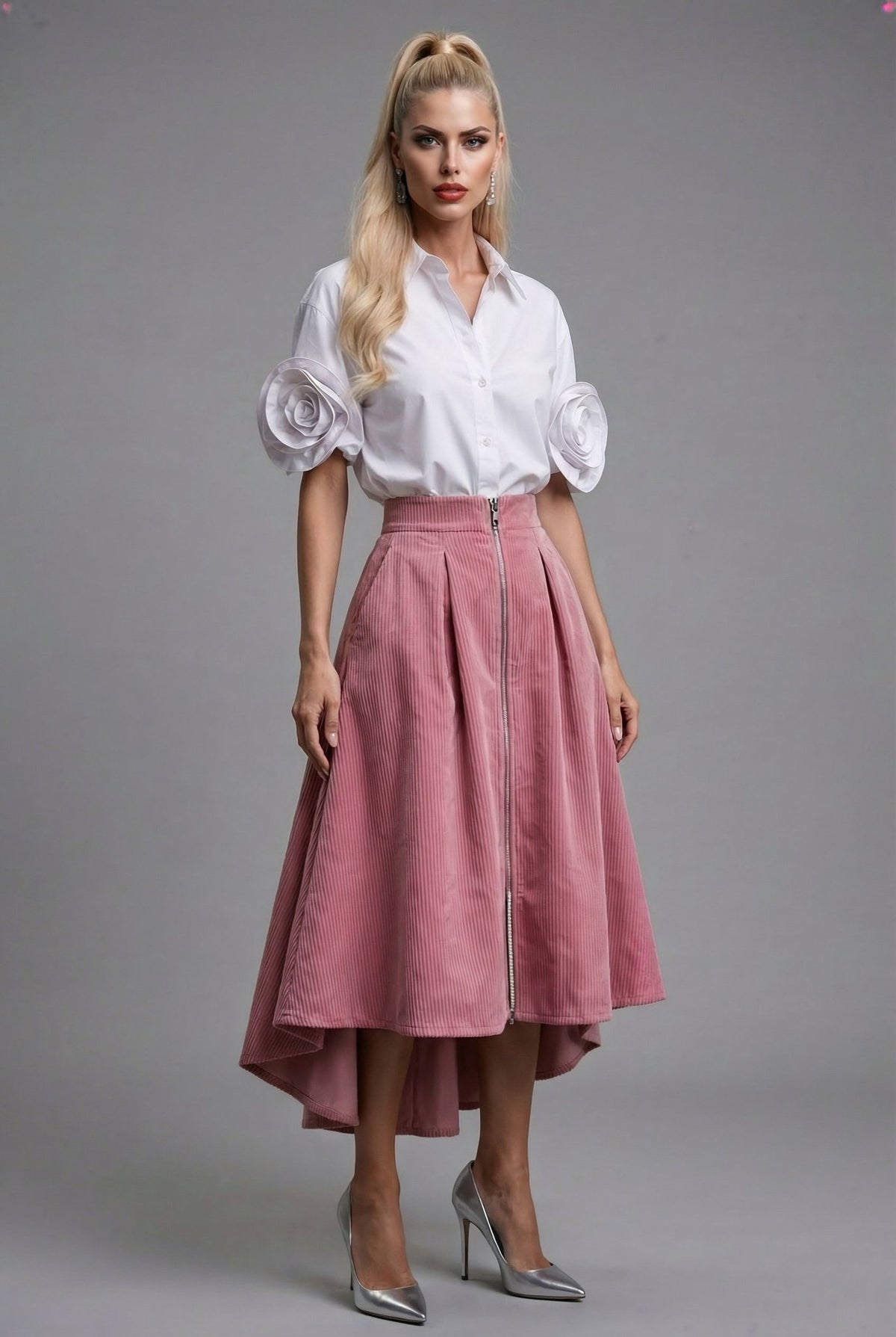Mila skirt : cotton - stretch corduroy high - low midi skirt with front zipper in dusty pink - SIMOVSKA
