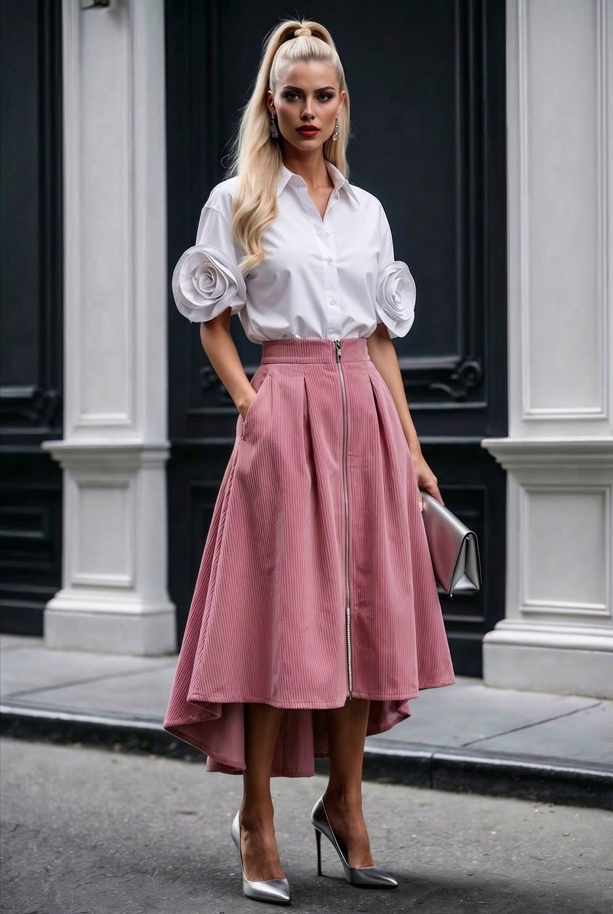 Mila skirt : cotton - stretch corduroy high - low midi skirt with front zipper in dusty pink - SIMOVSKA