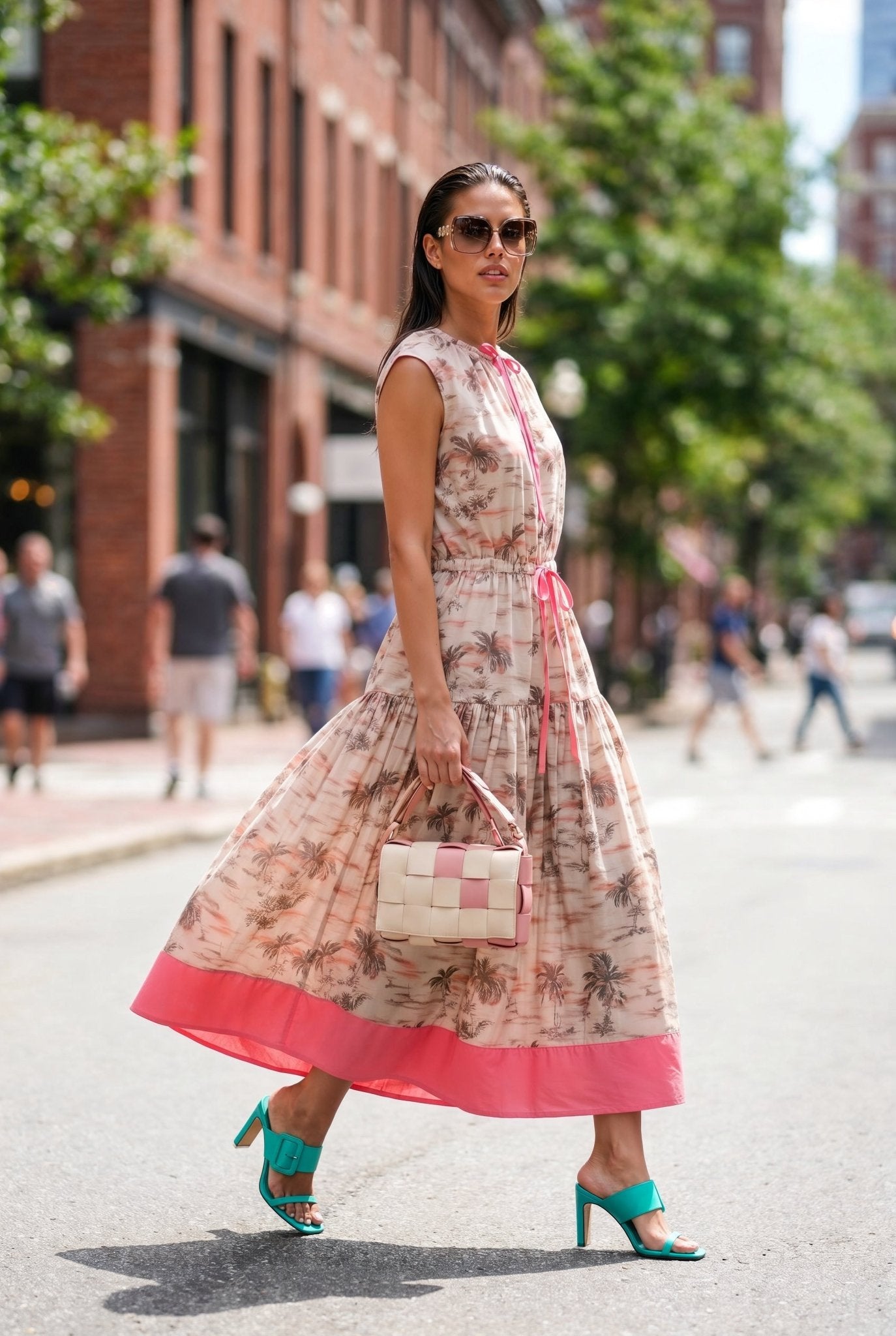 Palm Dress – Beige & Coral 100% Cotton Poplin - SIMOVSKA