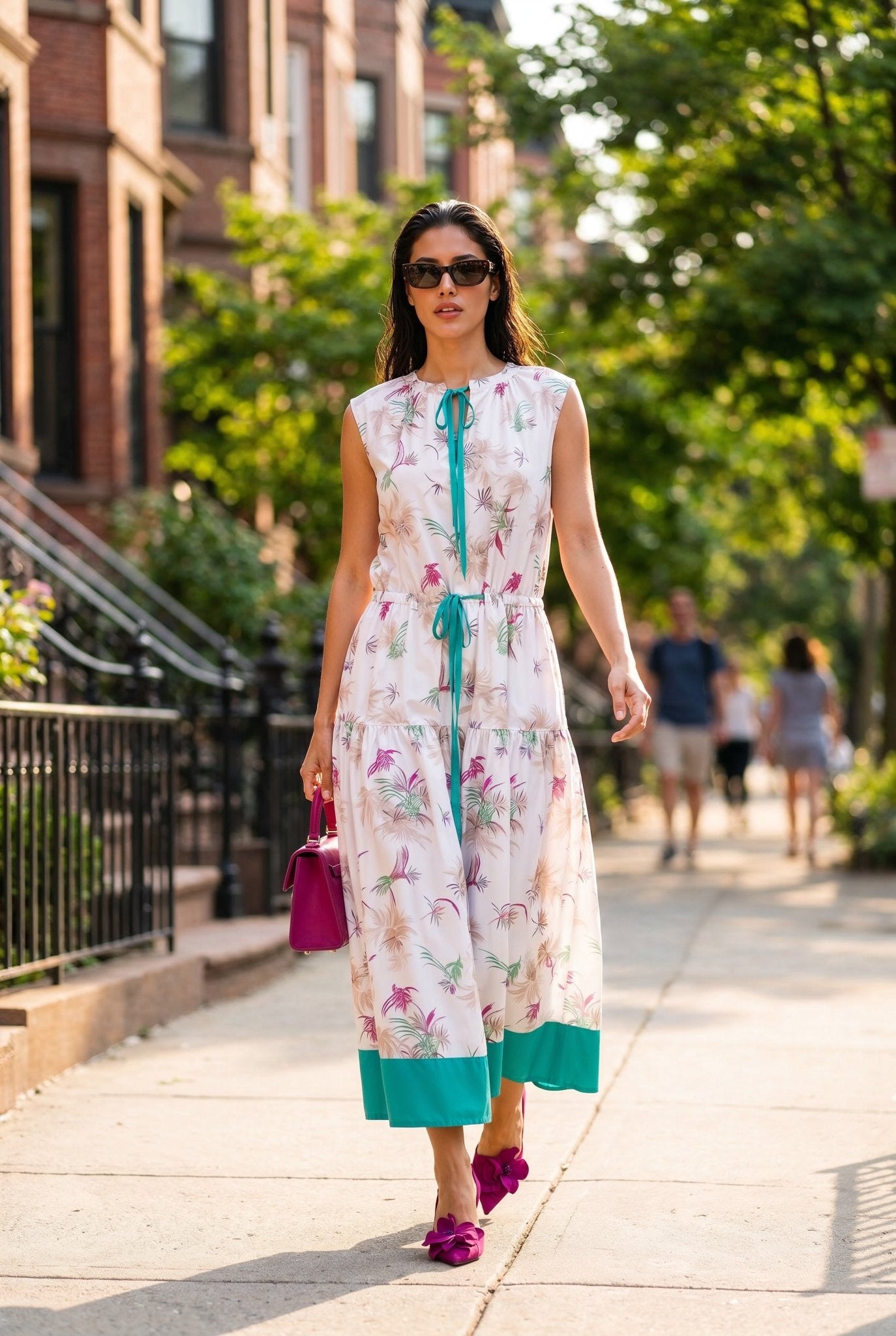 Palm Dress – White & Turquoise 100% Cotton Poplin - SIMOVSKA