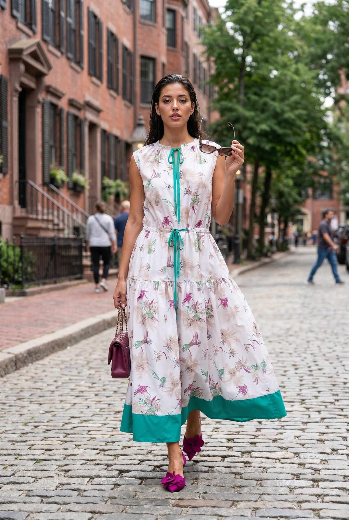 Palm Dress – White & Turquoise 100% Cotton Poplin L