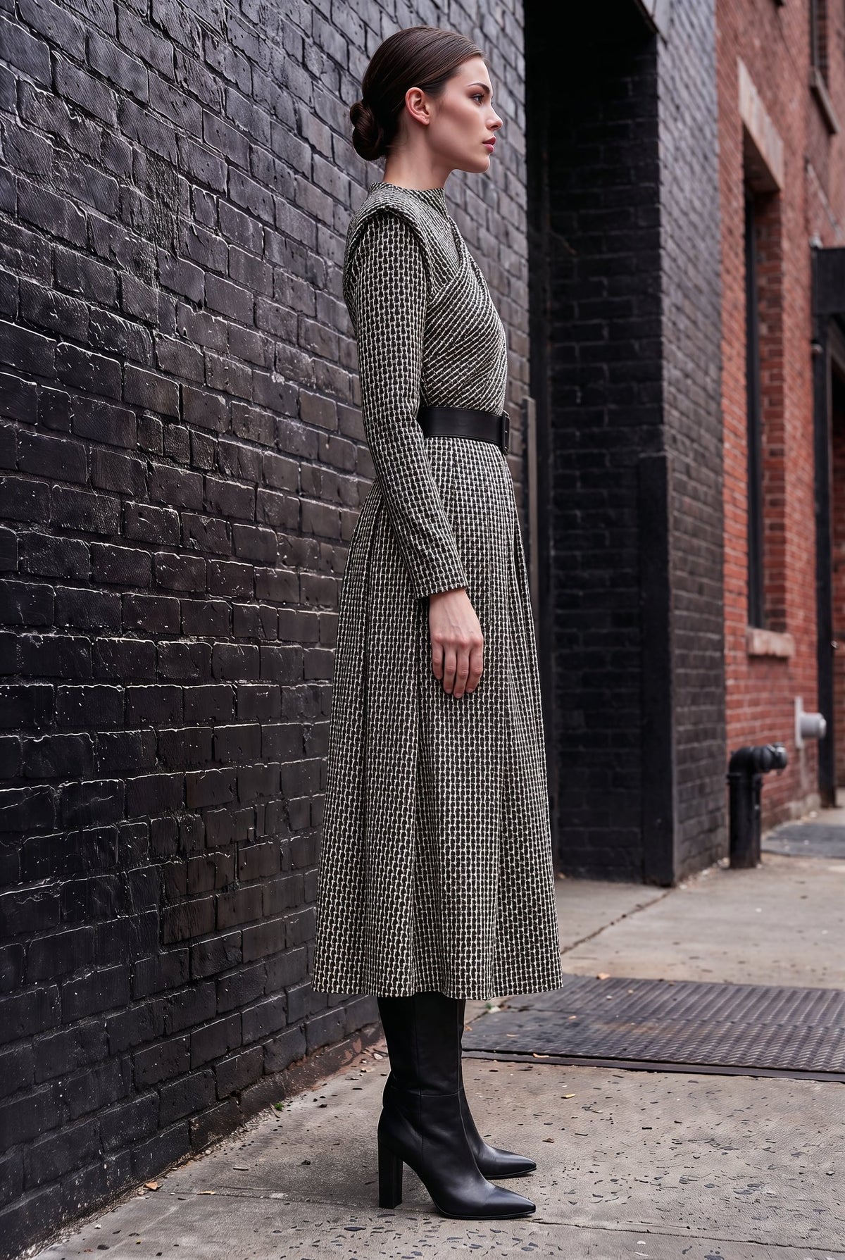 Paris Black and Ivory Textured Midi Dress - SIMOVSKA