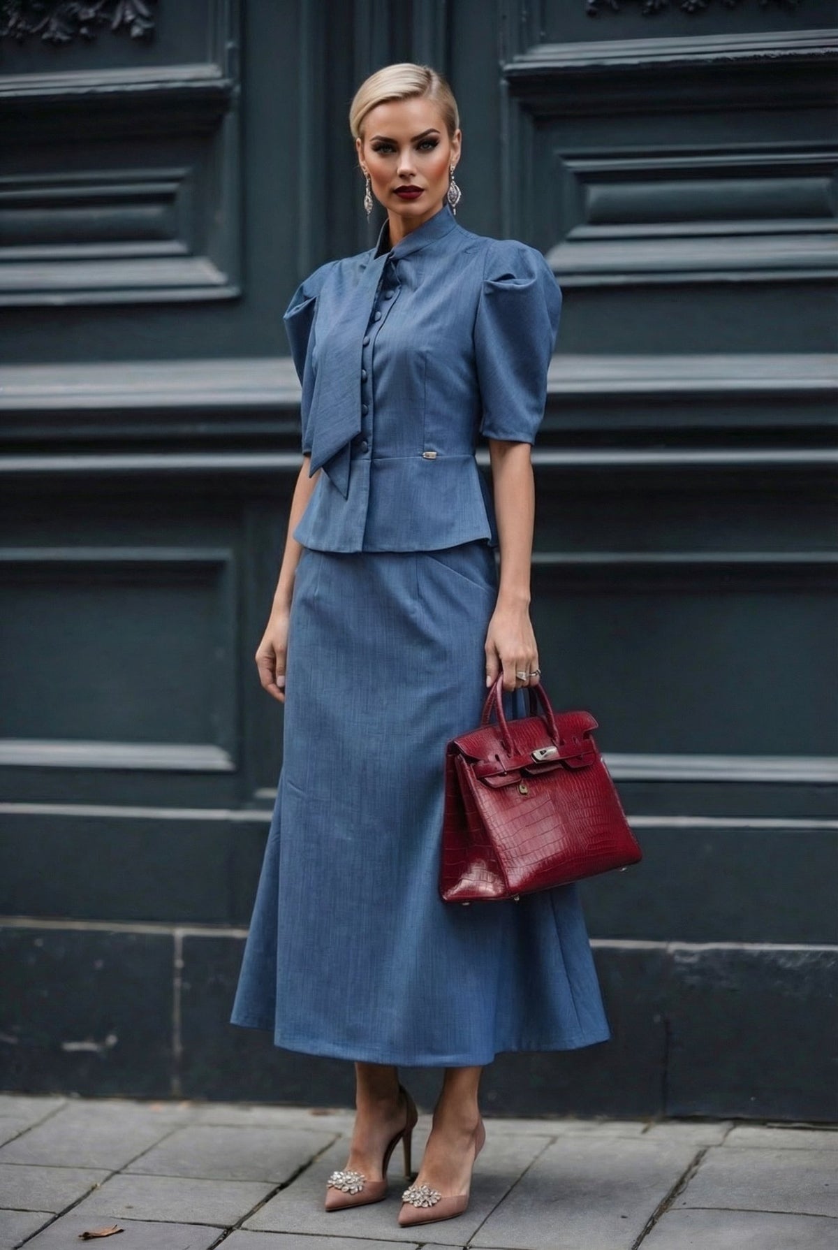 Selene set : Frescolana set with puffed sleeves in Blue - SIMOVSKA
