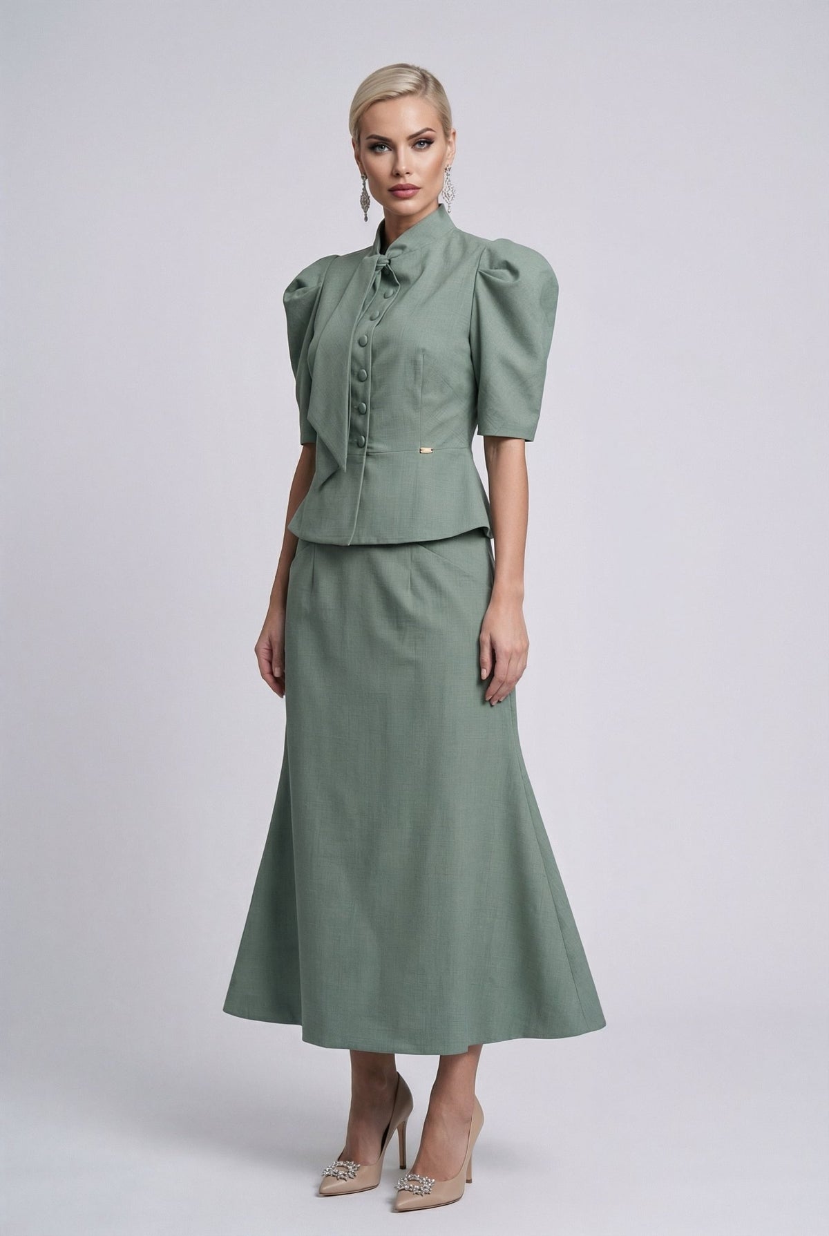 Selene set : Frescolana set with puffed sleeves in sage green - SIMOVSKA