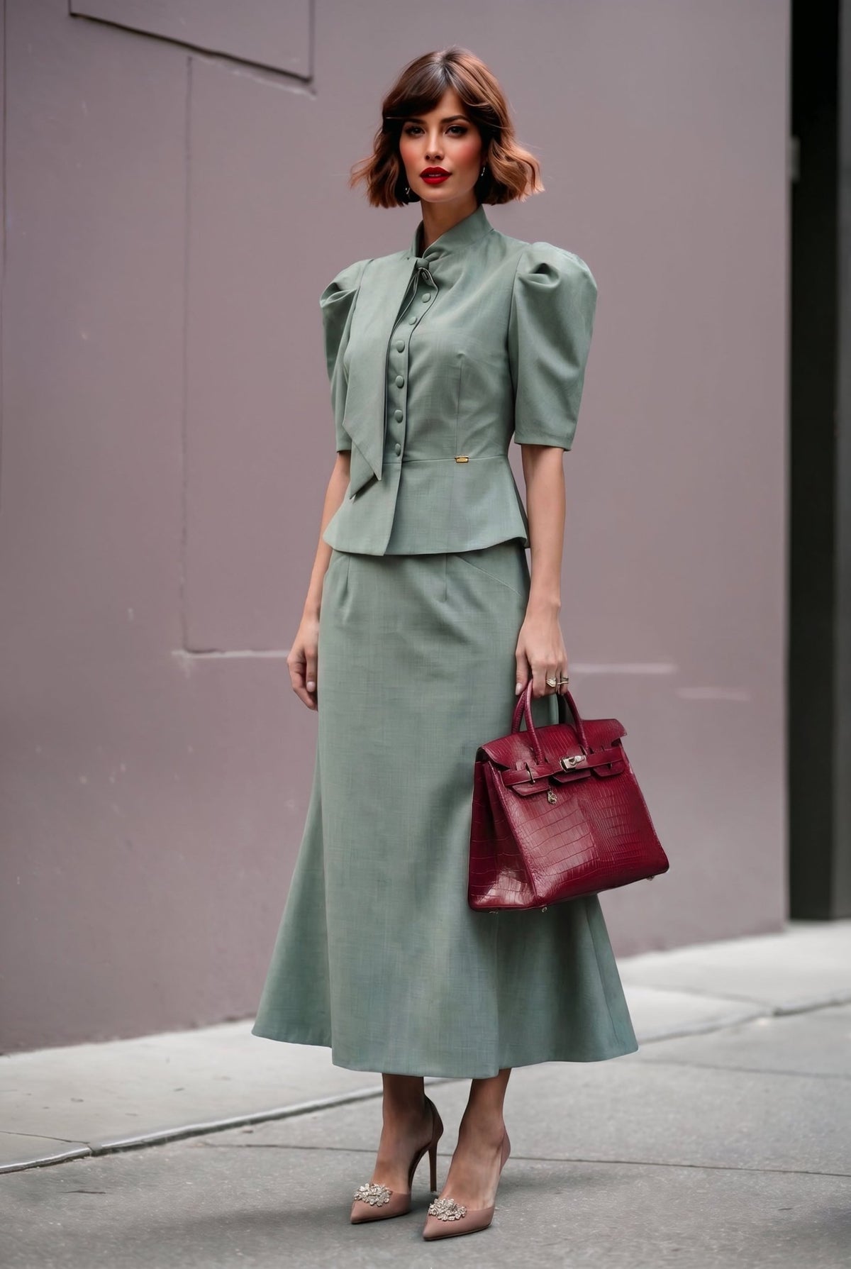 Selene set : Frescolana set with puffed sleeves in sage green - SIMOVSKA