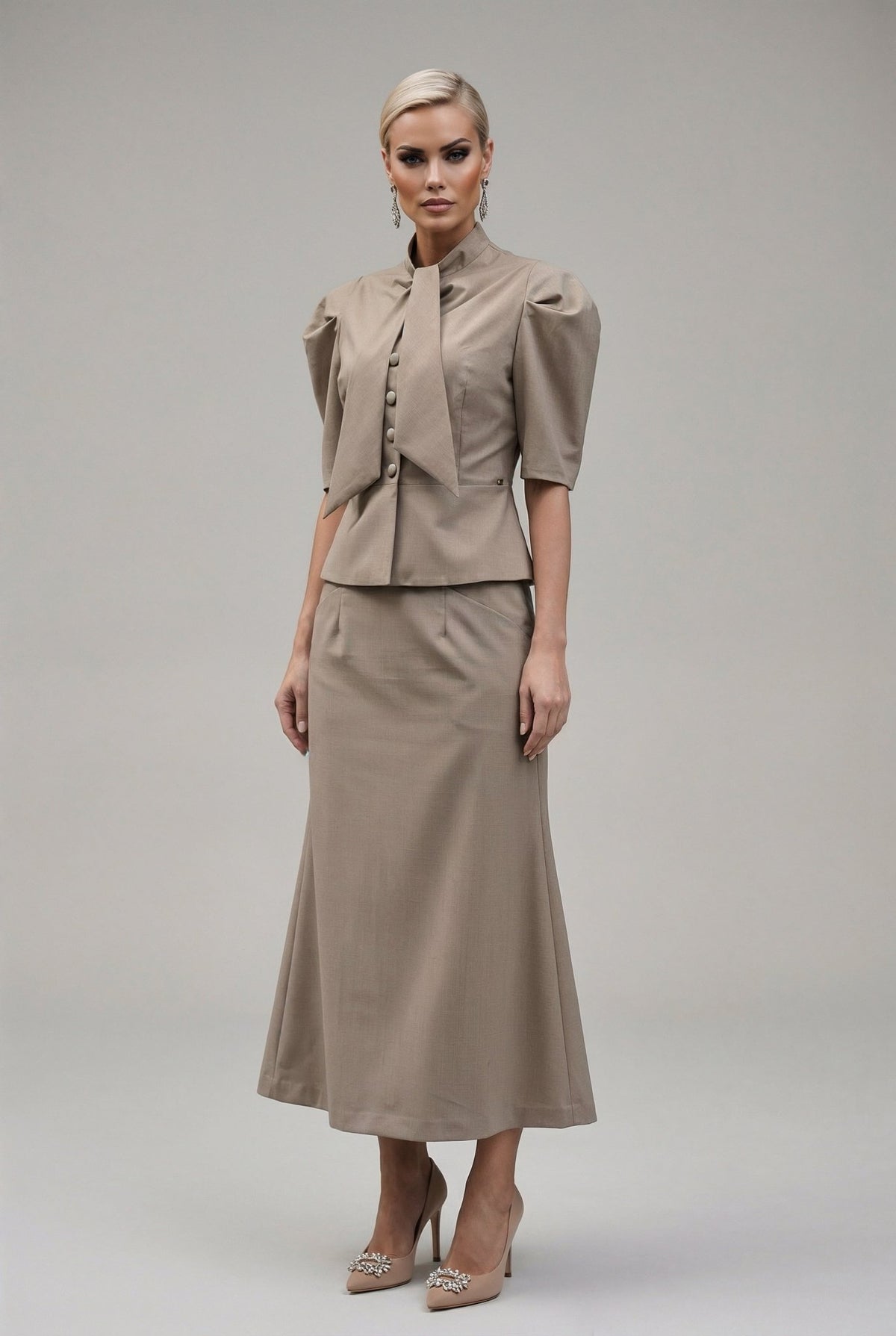 Selene set : Frescolana set with puffed sleeves in Warm Taupe - SIMOVSKA