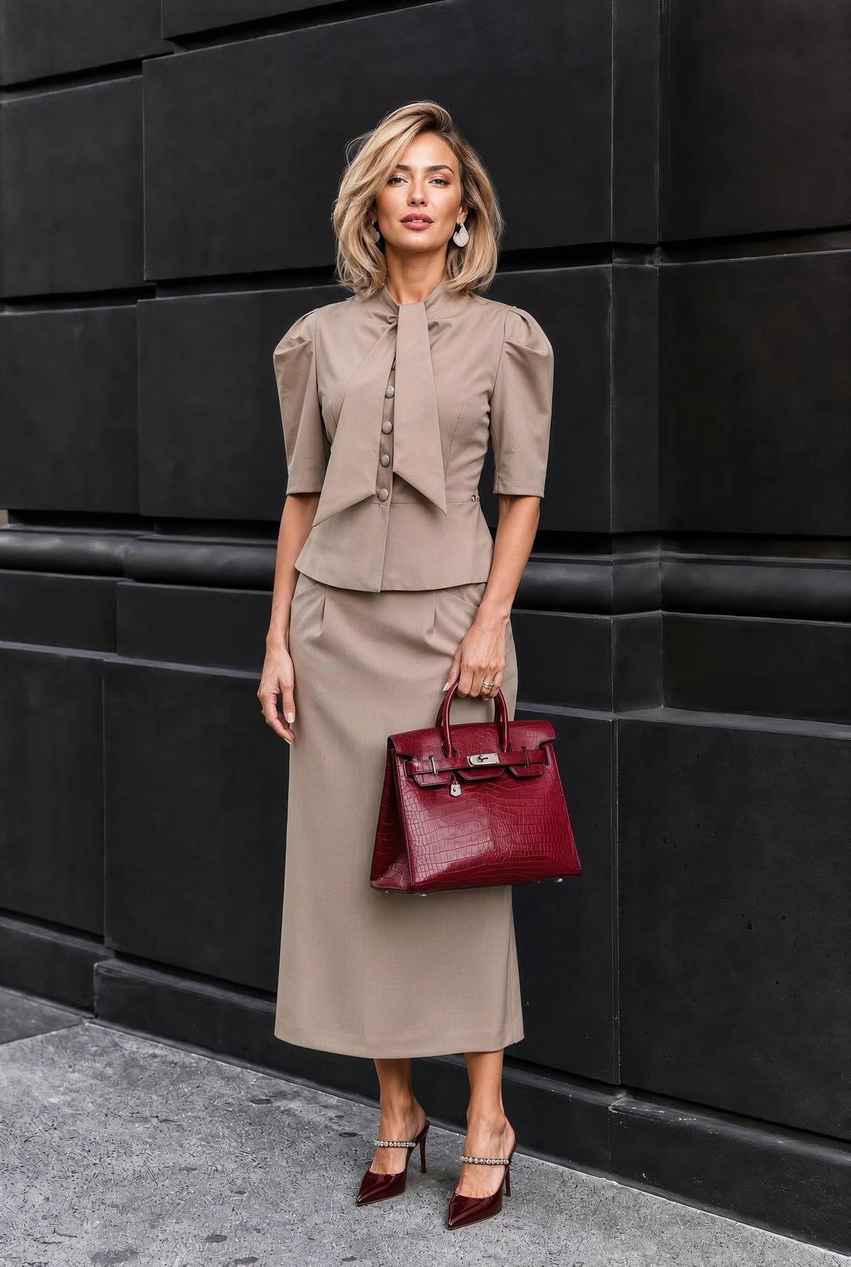 Selene set : Frescolana set with puffed sleeves in Warm Taupe - SIMOVSKA