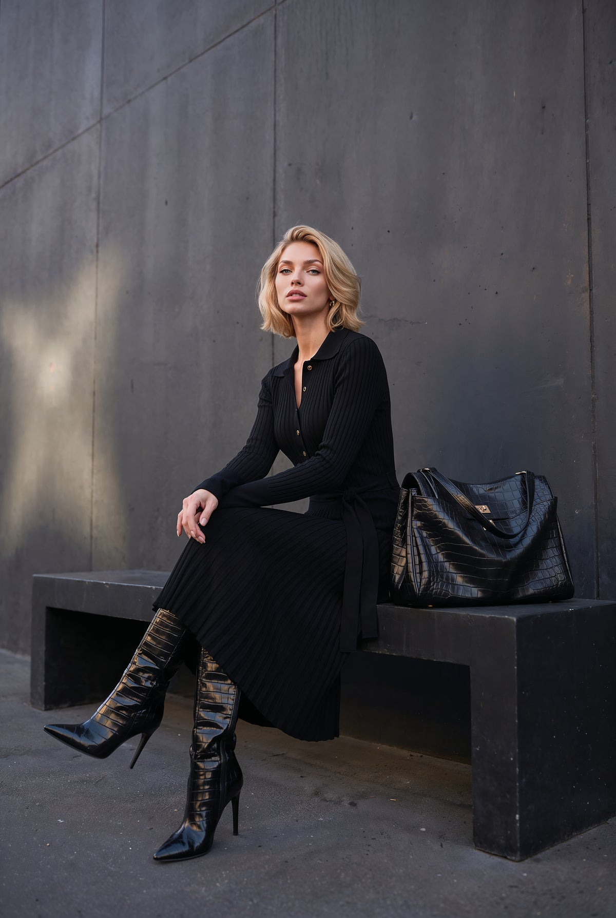Celestine black ribbed knit midi dress, front view