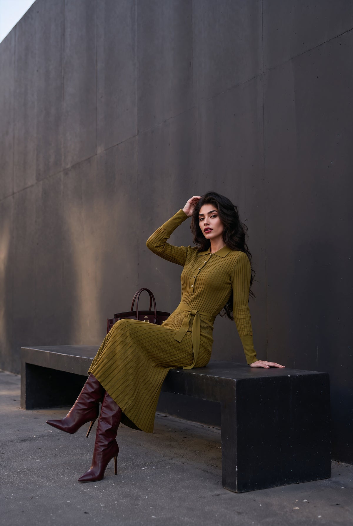 Celestine olive ribbed knit midi dress, front view