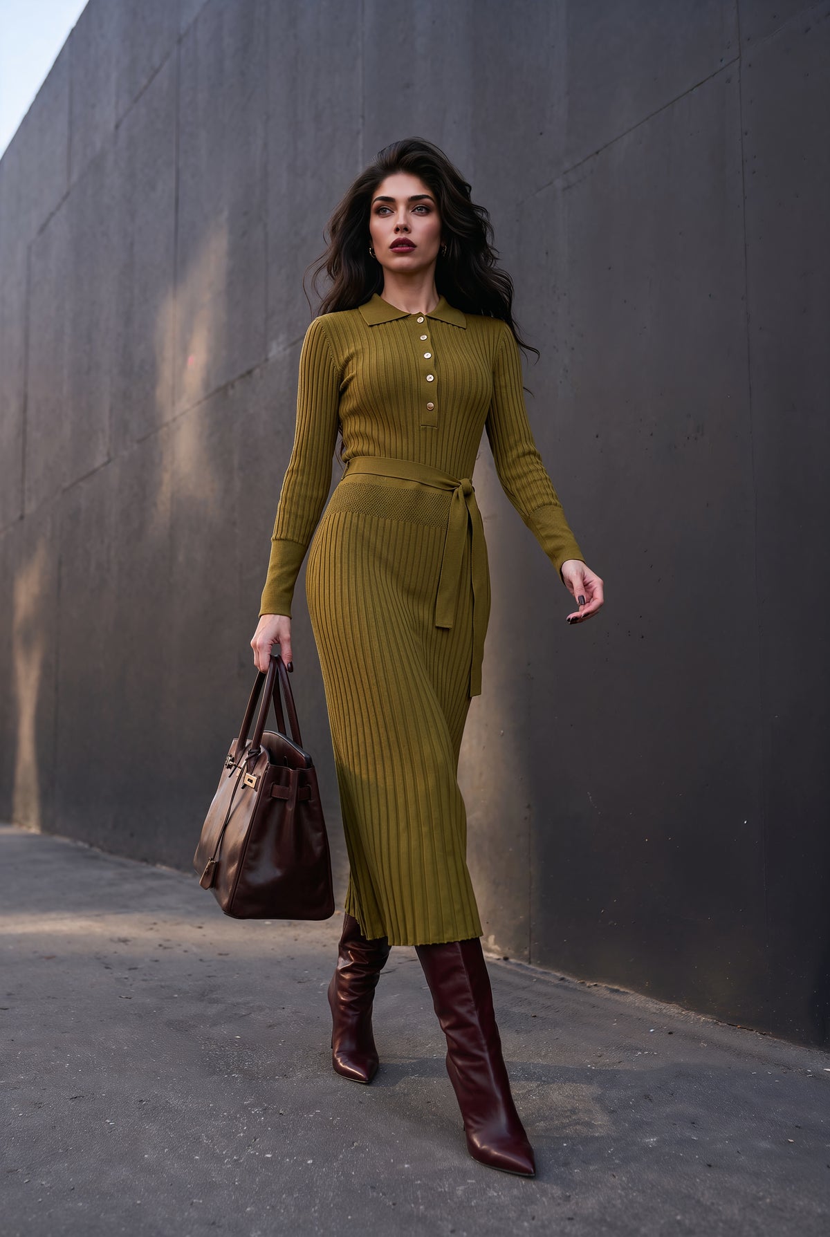 Celestine olive ribbed knit midi dress, front view