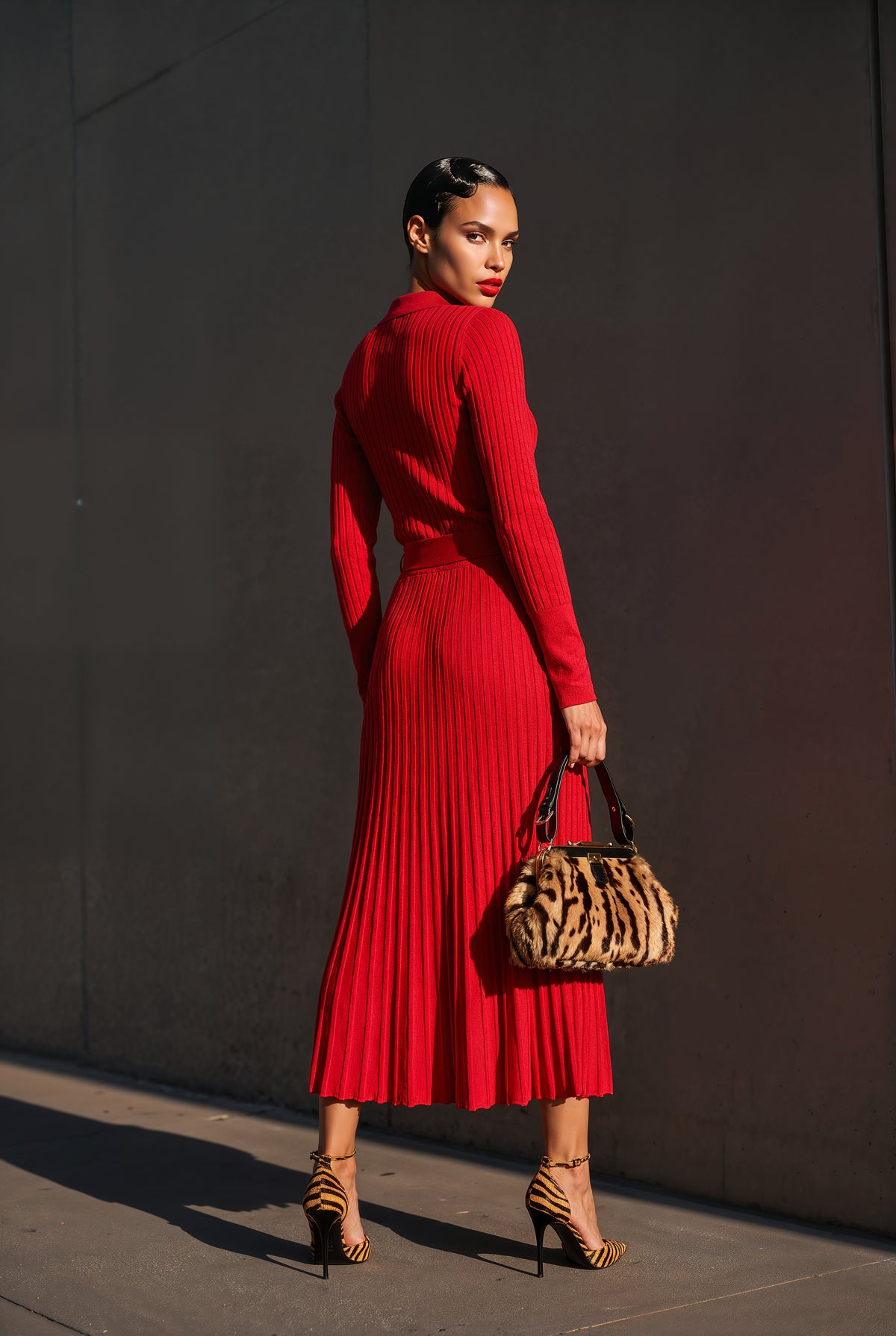 Celestine red ribbed knit midi dress, front view