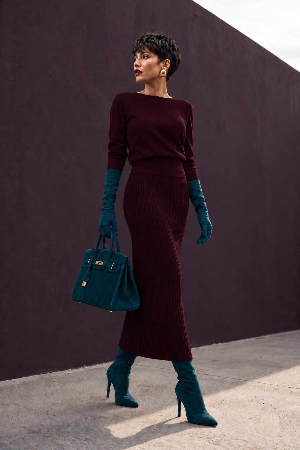 Deep wine burgundy knitted blouse and vertical ribbed skirt detail