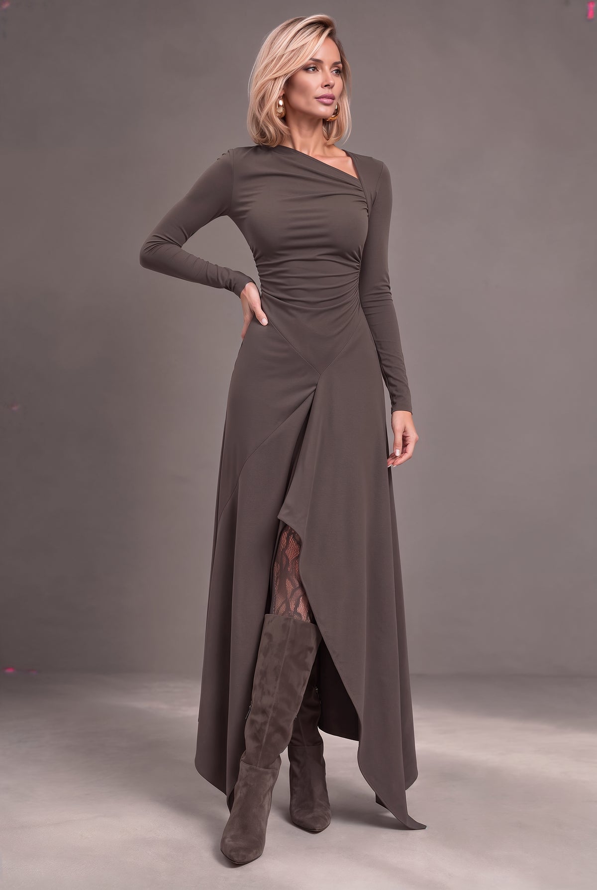 Dubai burgundy jersey maxi dress with ruched bodice and handkerchief hem