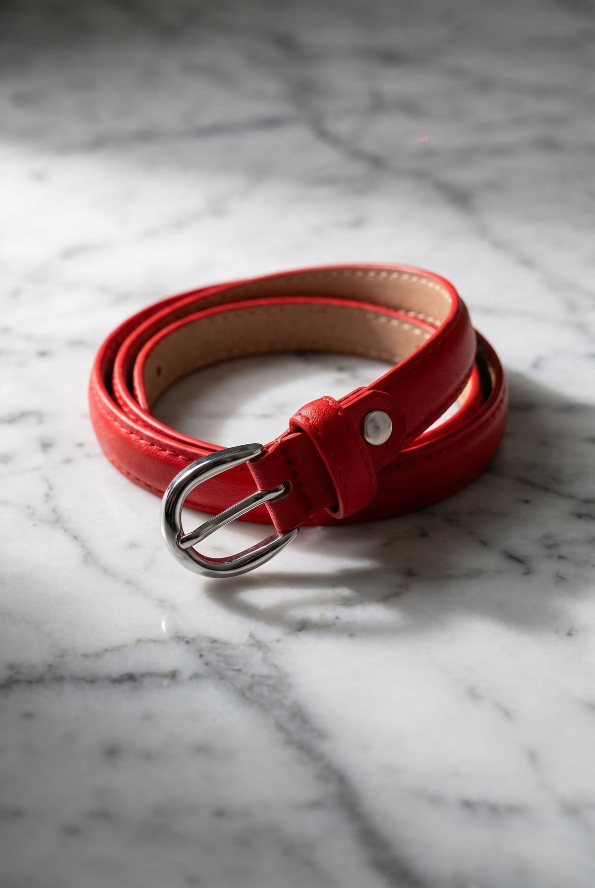 Original red slim leather belt with silver-tone buckle