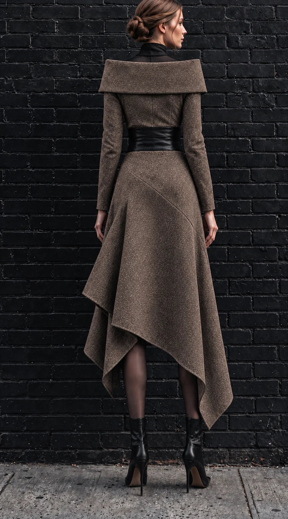 Tokyo Brown Tweed Asymmetric Midi Dress