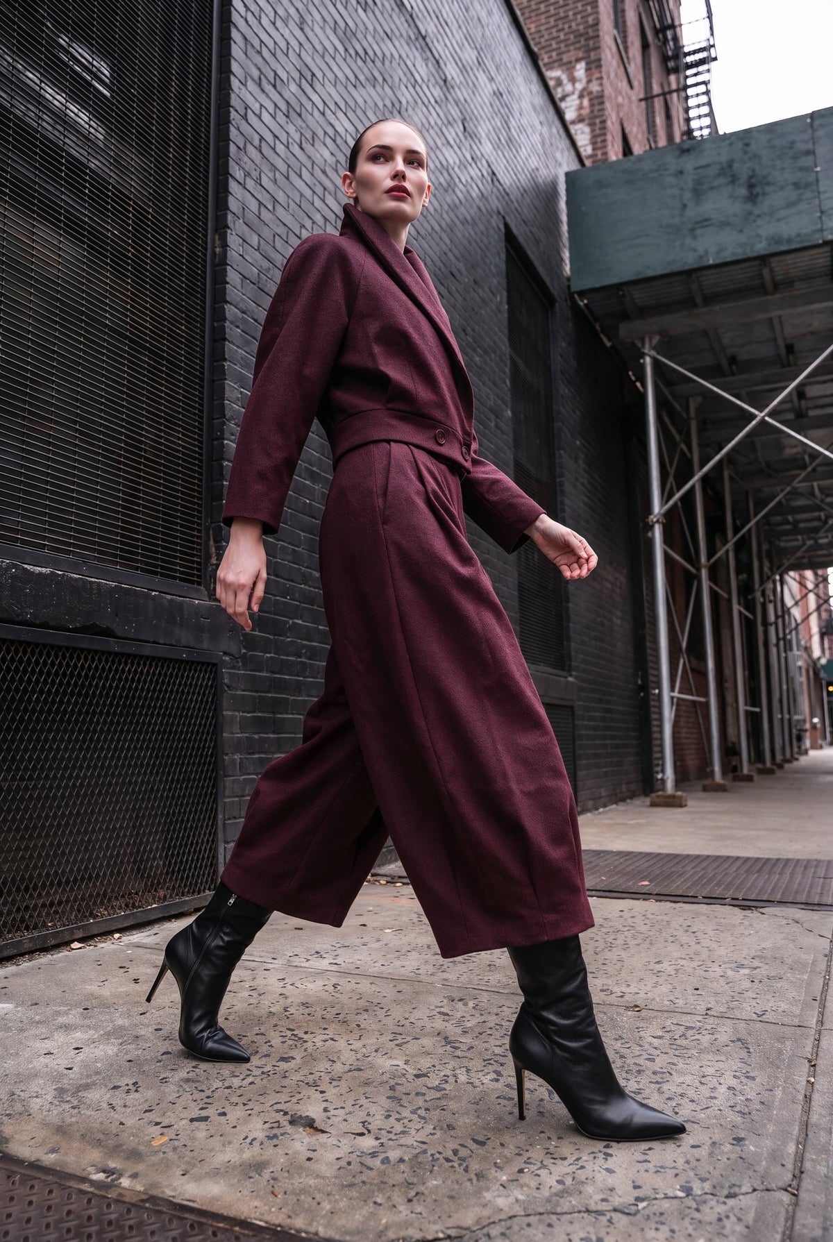Stockholm Maroon Wool Jacket and Barrel-Leg Trouser Set - SIMOVSKA