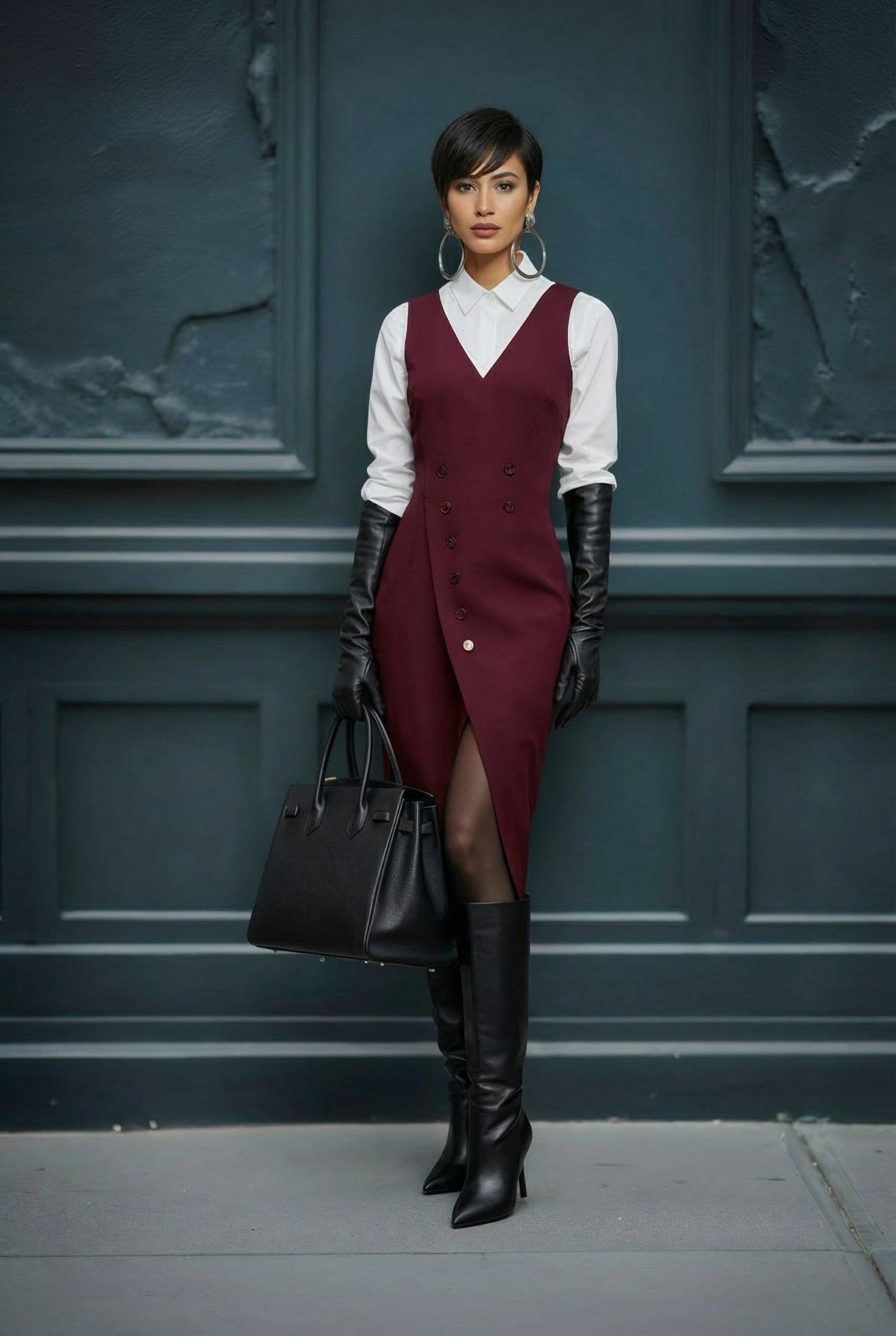 Woman in a burgundy dress with a white shirt and black knee-high boots standing against a dark blue wall.