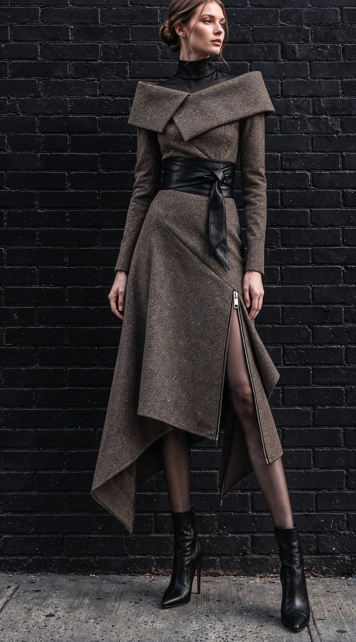 Tokyo brown tweed asymmetric midi dress, front view