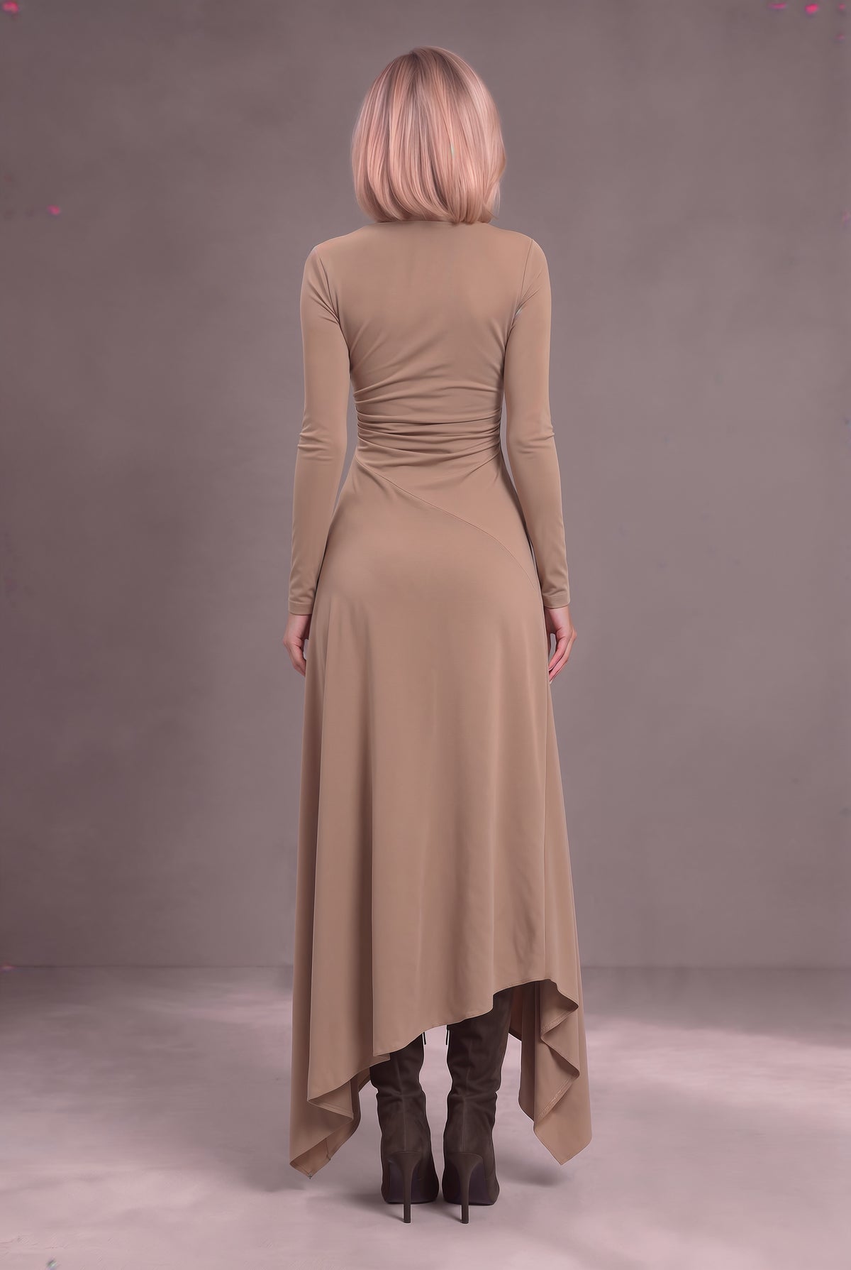 Dubai burgundy jersey maxi dress with ruched bodice and handkerchief hem