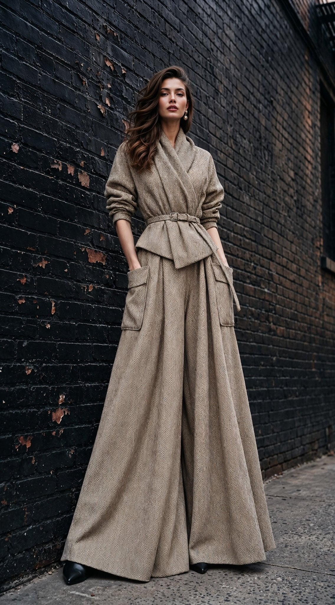 A woman stands against a dark brick wall wearing a long, wide-leg beige coat or jumpsuit with a belted waist and large front patch pockets.
